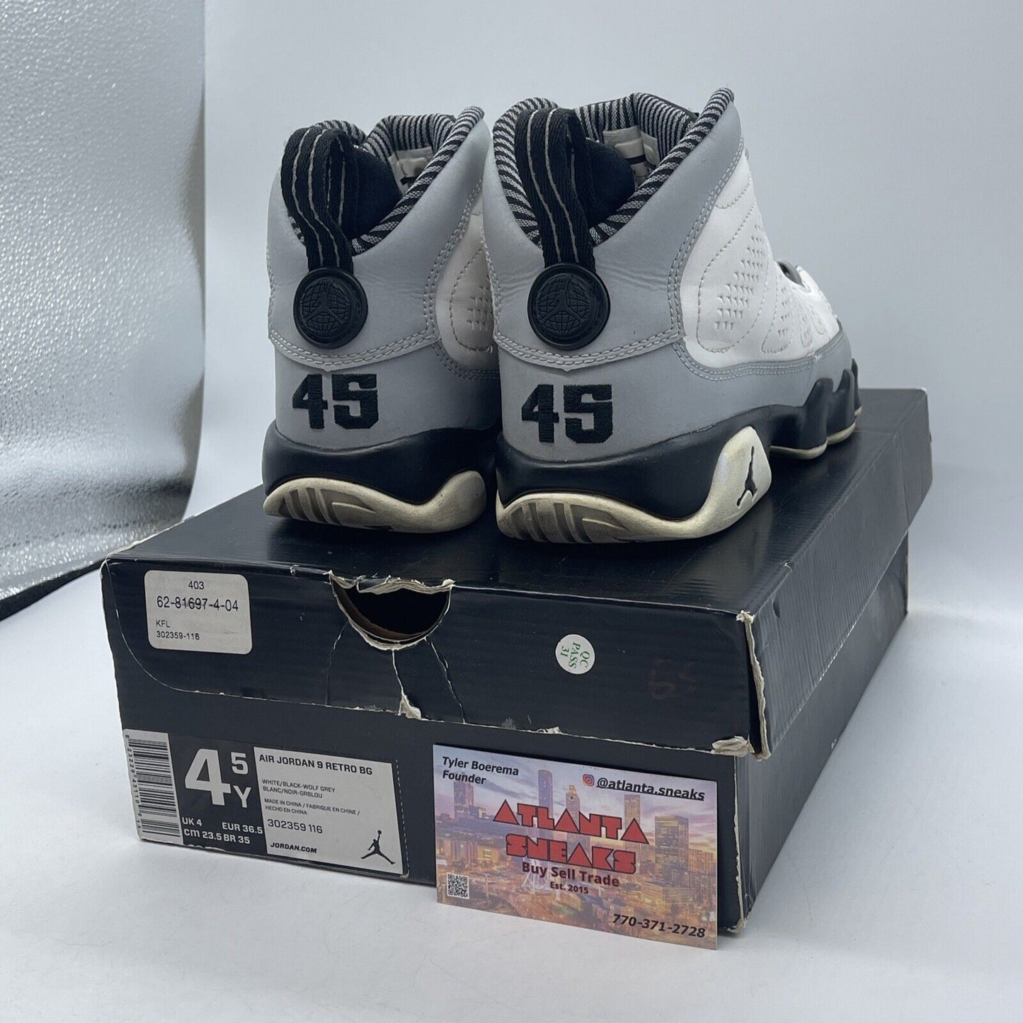 Size 4.5Y - Nike Air Jordan Retro 9 Baron White Leather Grey Suede (302359-116)