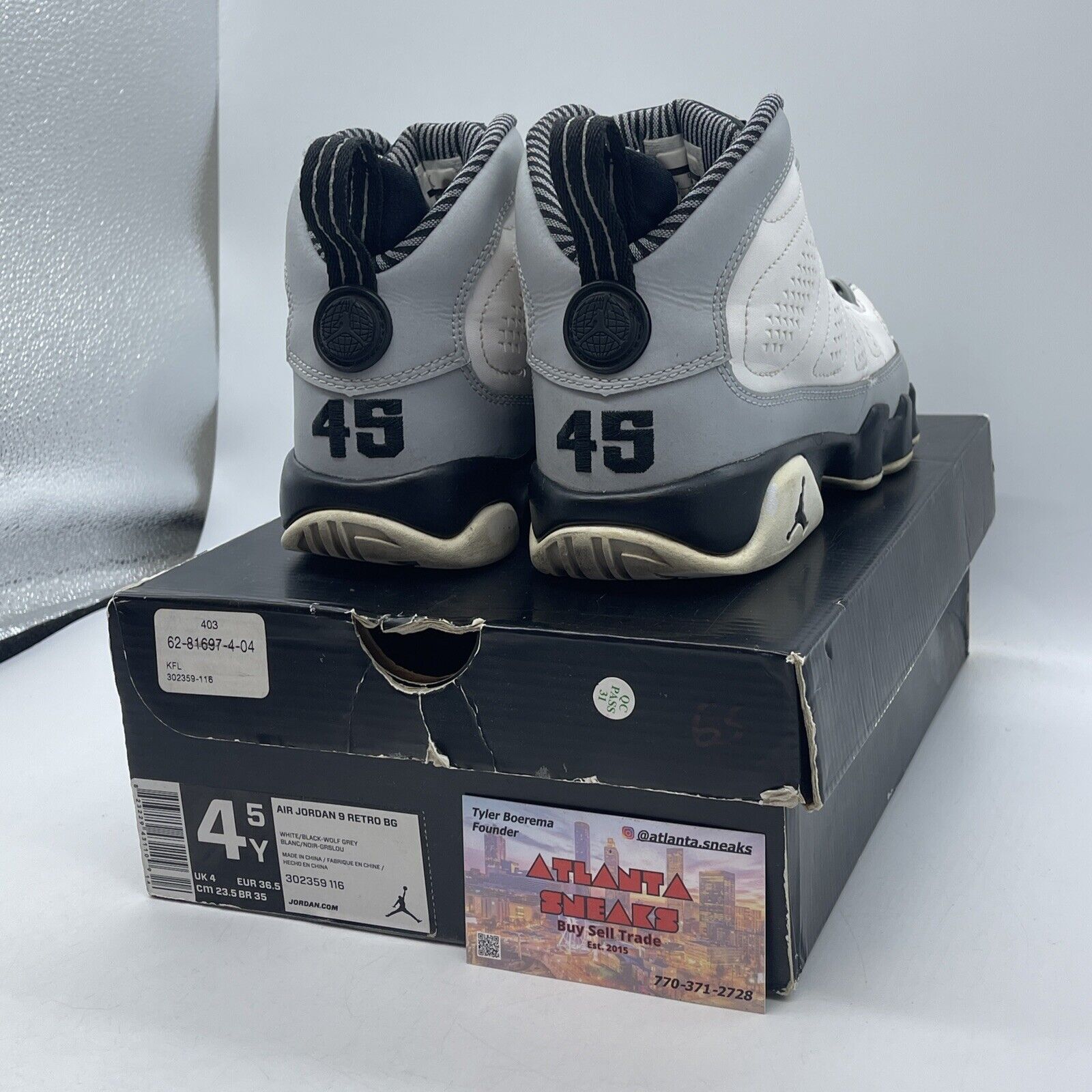 Size 4.5Y - Nike Air Jordan Retro 9 Baron White Leather Grey Suede (302359-116)
