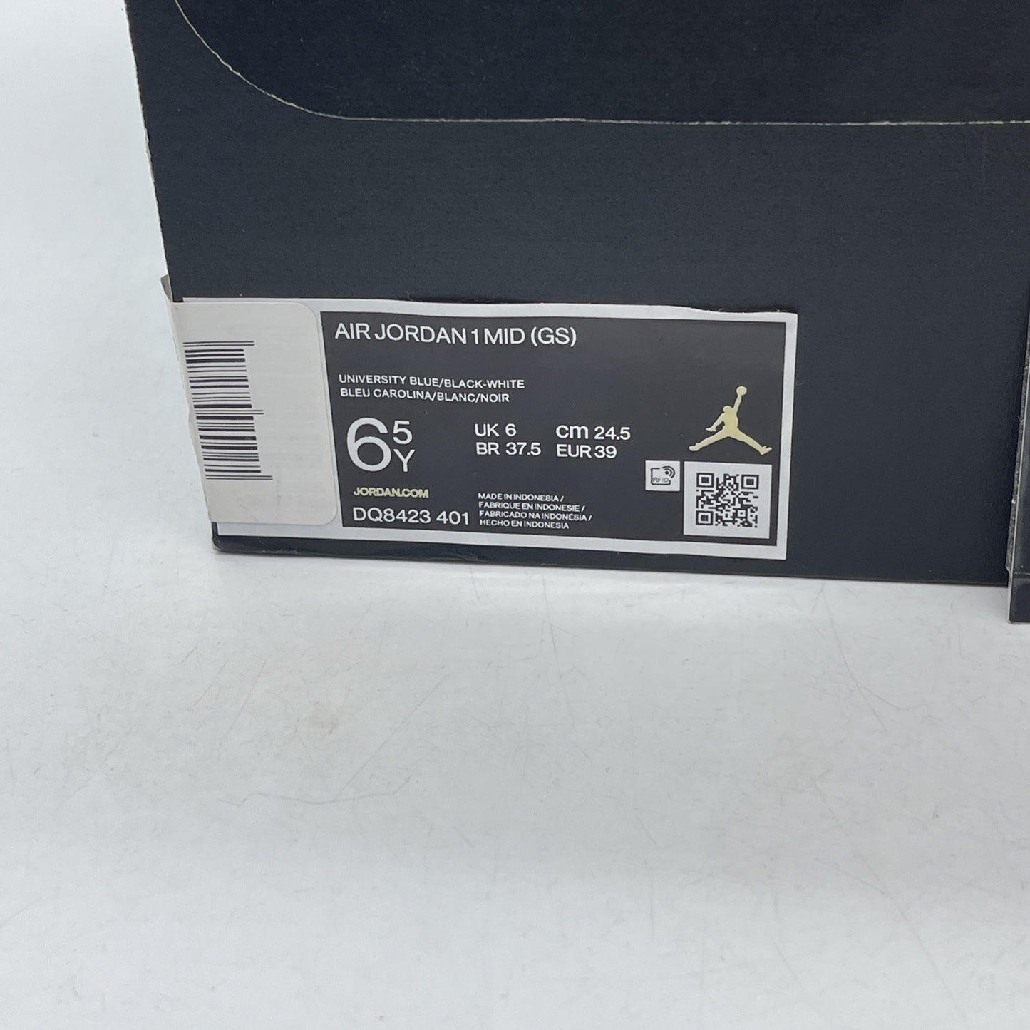 Size 6.5Y (GS) - Air Jordan 1 Mid University Blue Black Leather (DQ8423-401)