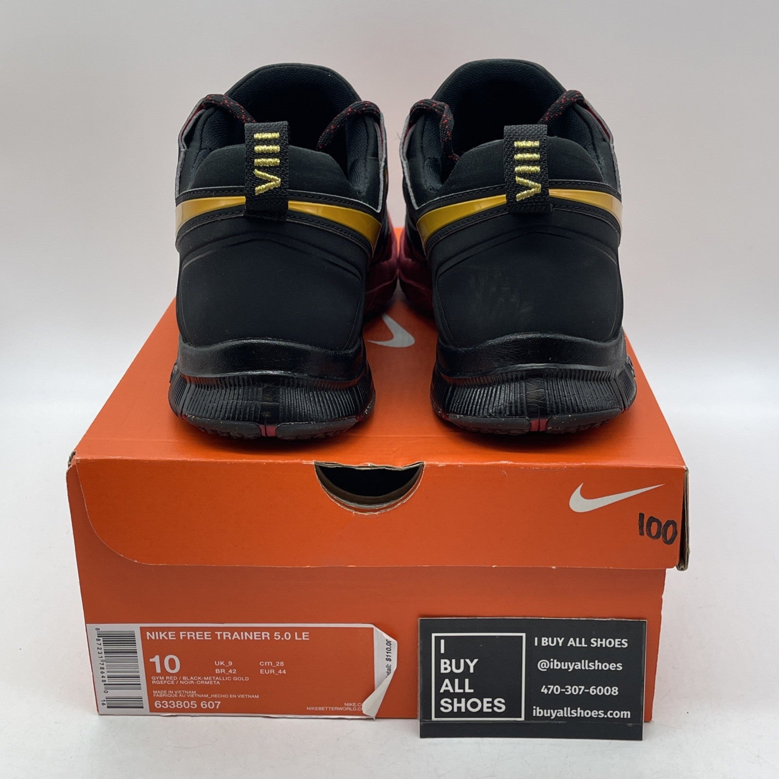 Size 10 - Nike Free Trainer 5.0 Team Jones Black Red Gold Suede (633805-607)