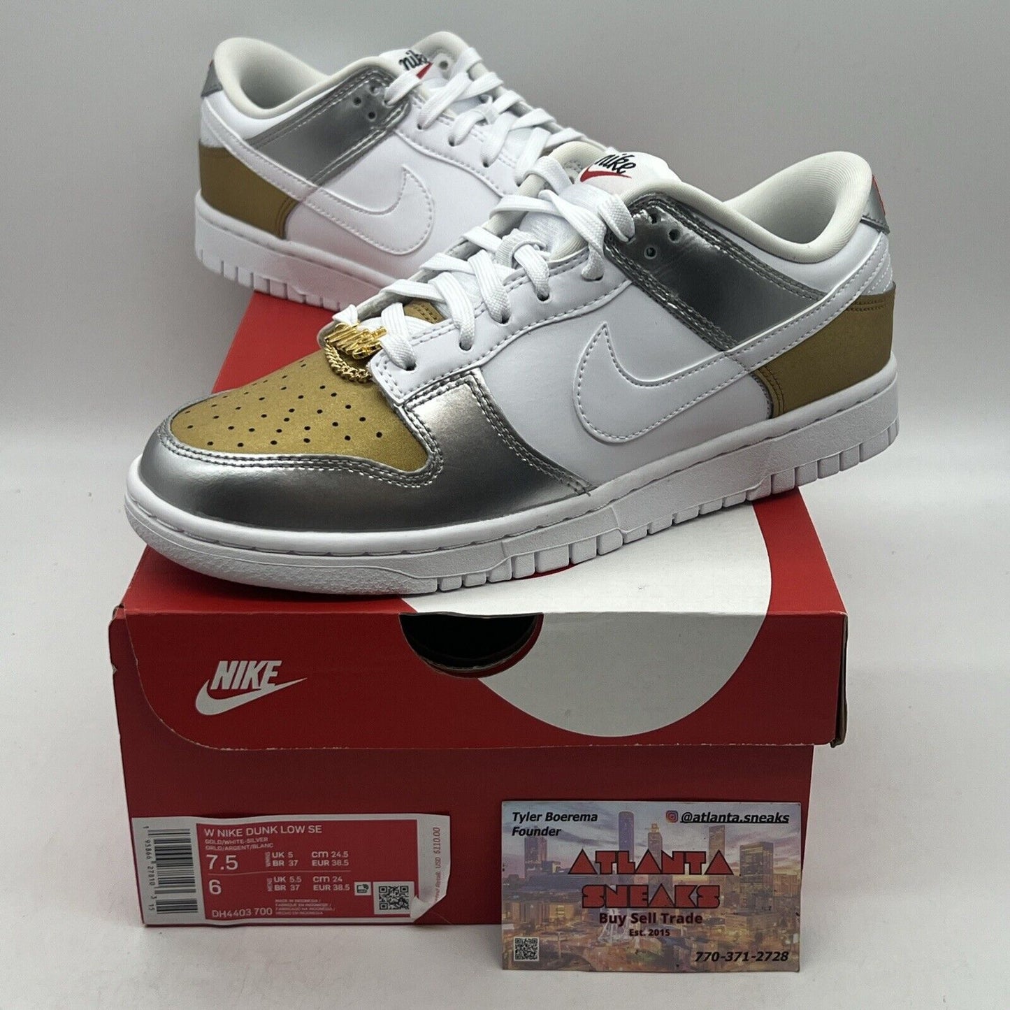 Nike Dunk Low Size 7.5 Womens Metallic Gold Silver White Sneakers Brand New