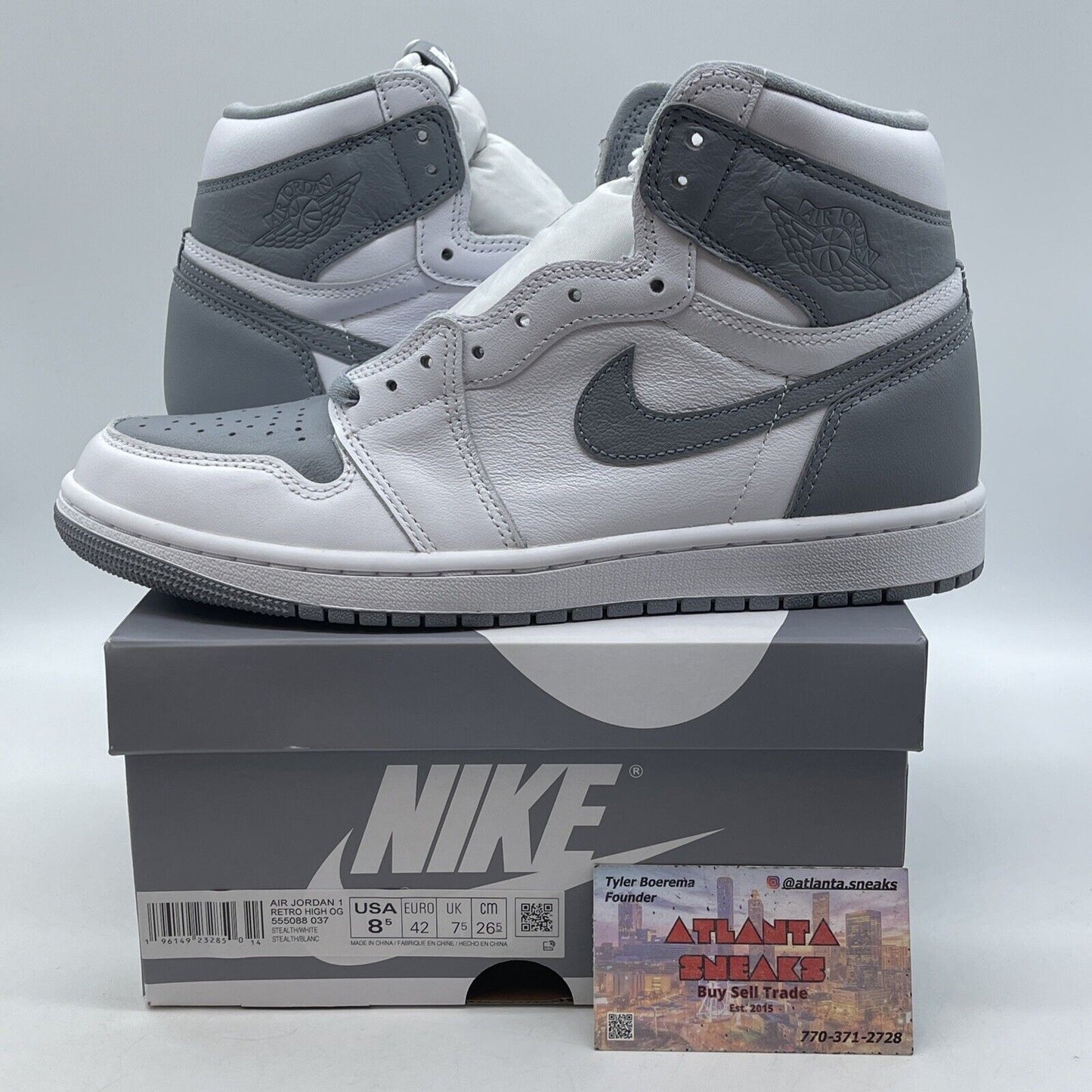 Size 8.5 - Jordan 1 Retro High OG Stealth Grey White Leather (555088-037)