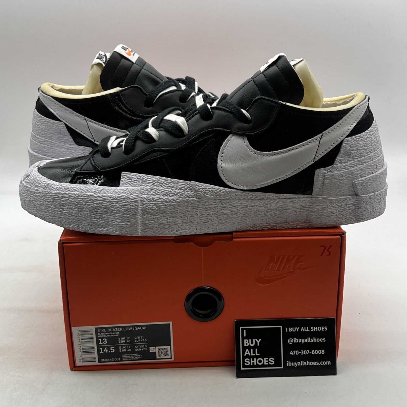Size 13 - Nike sacai x Blazer Low Black Patent (DM6443-001)