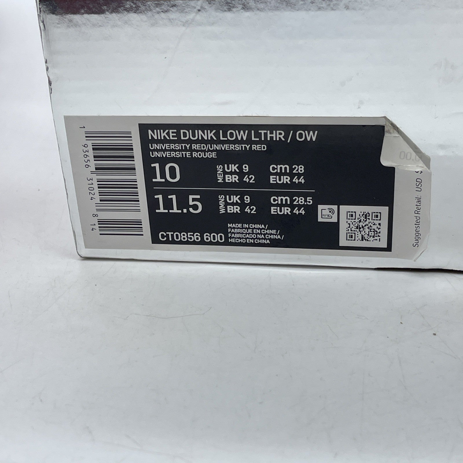 Size 10 - Nike Dunk Low x OFF-WHITE University Red Grey Leather (CT0856-600)