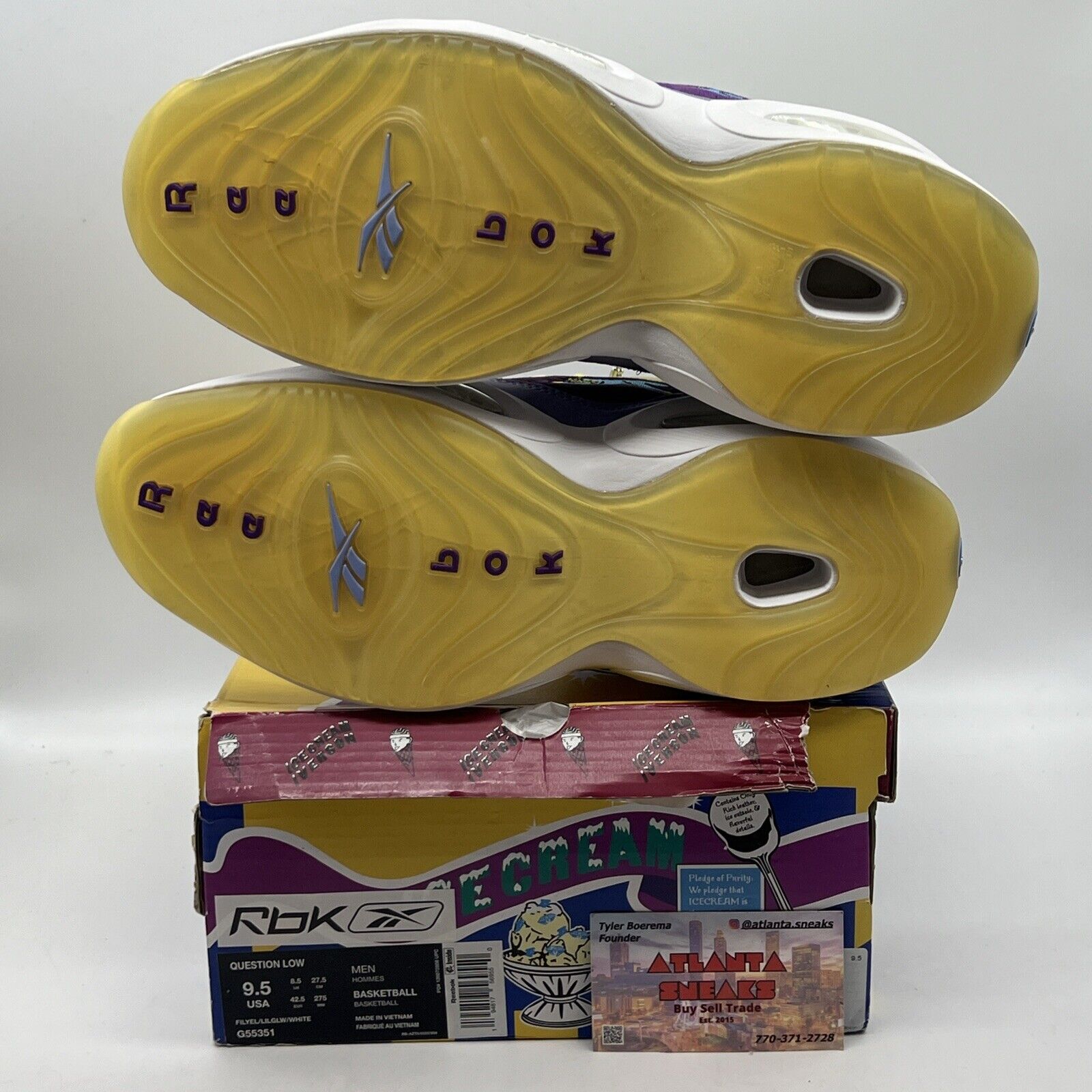 Size 9.5 - Reebok Question Low x BBC Ice Cream Yellow Lilac Glow 2020 - G55351