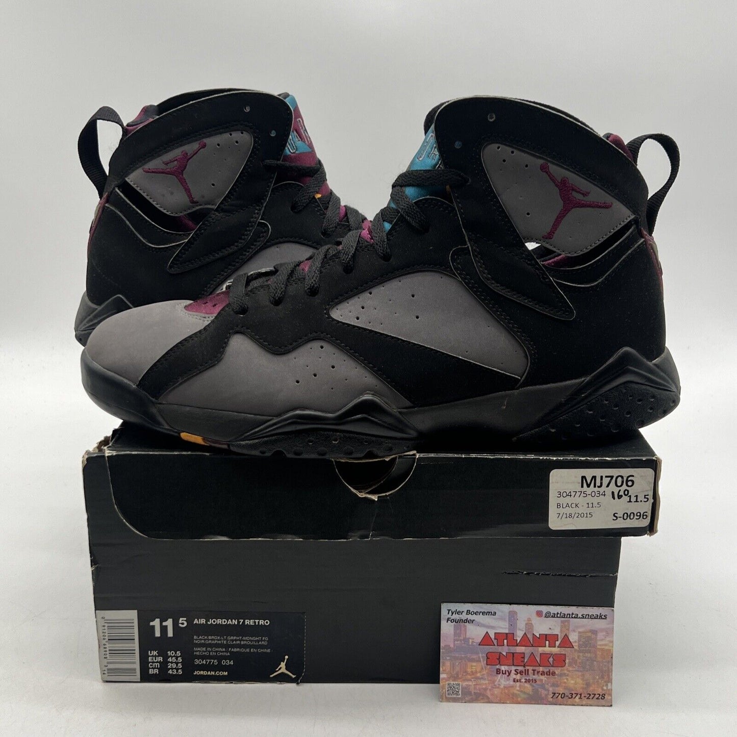 Size 11.5 - Jordan 7 Retro Bordeaux 2015 Grey Black Suede Maroon (304775-034)