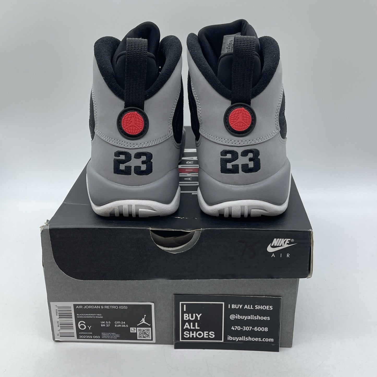 Size 6Y - Jordan 9 Retro Particle Gray 2022 Suede Red Black (302359-060)