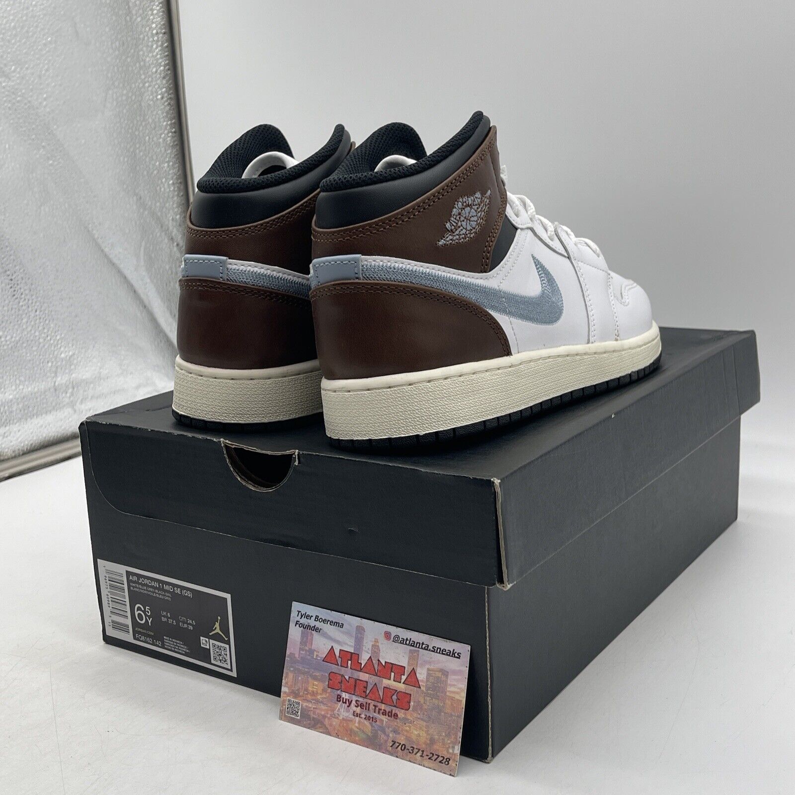 Size 6.5Y - AIR JORDAN 1 MID SE_WHITE/BLUE GREY BLACK Leather  (FQ8162-142)