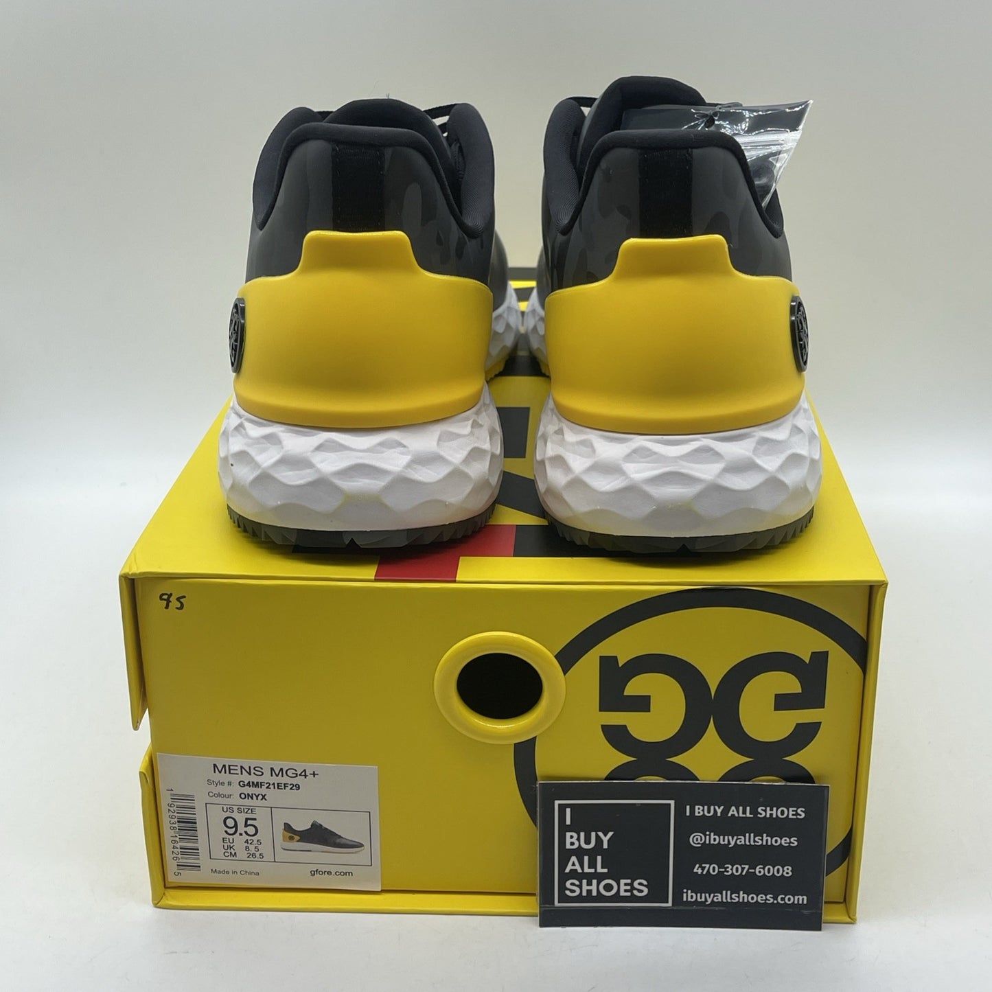 Size 9.5 - G/FORE G4 MG4+ Onyx Camo Golf Shoes Yellow Black Leather (G4MF21EF29)