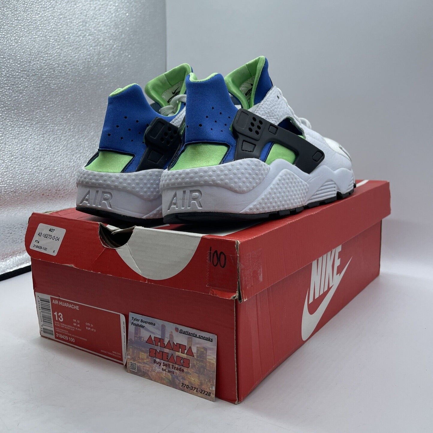 Size 13 - Nike Air Huarache Scream Green Blue White Black (318429-100)