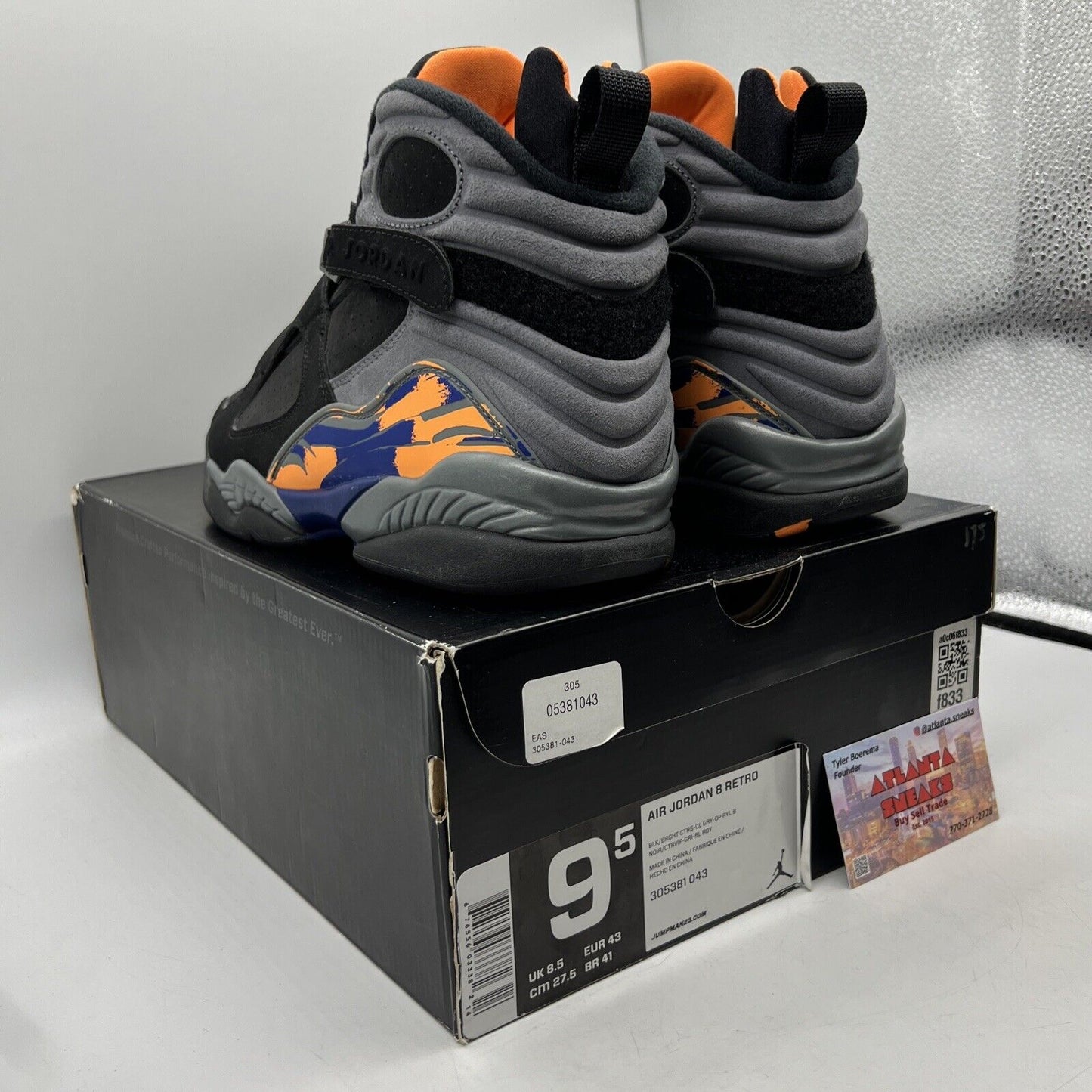 Size 9.5 - Air Jordan 8 Retro Phoenix Suns Black Grey Orange Purple (305381-043)