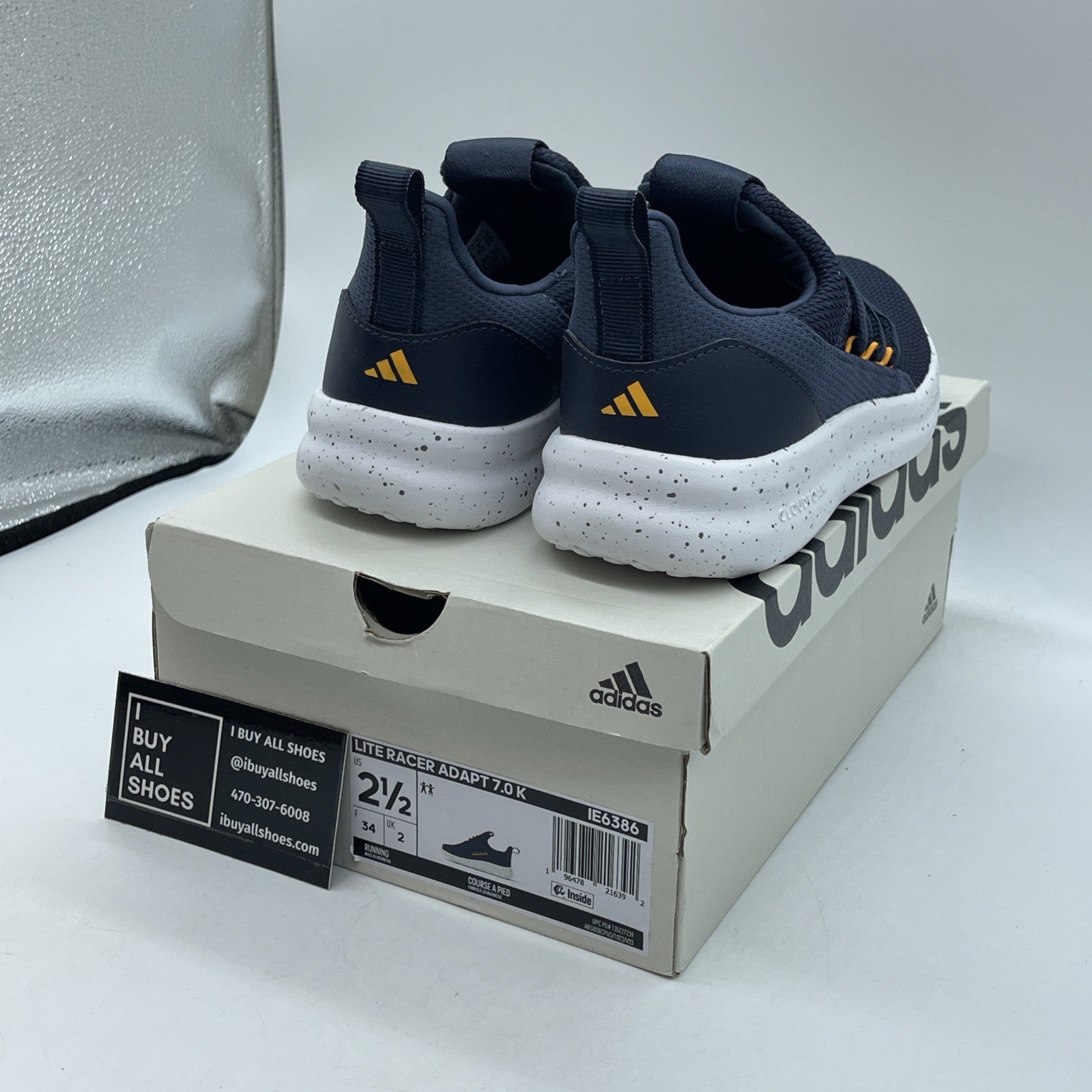 Size 2.5Y - Adidas Boys Lite Racer Adapt 7.0 Blue Yellow Suede (IE6386)