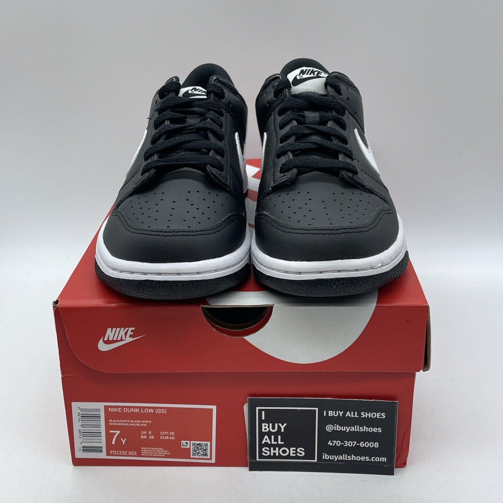 Size 7Y - Nike Dunk Low Black Panda 2.0 White Leather (FD1232-001)