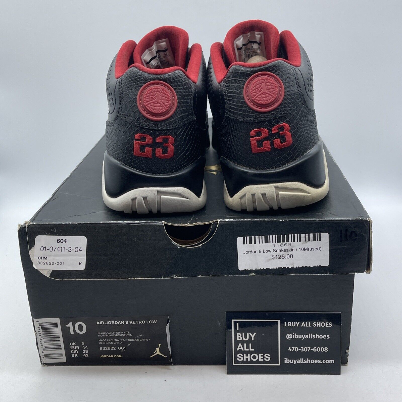 Size 10 - Air Jordan 9 Retro Low Snakeskin  Black Red Leather (832822-001)