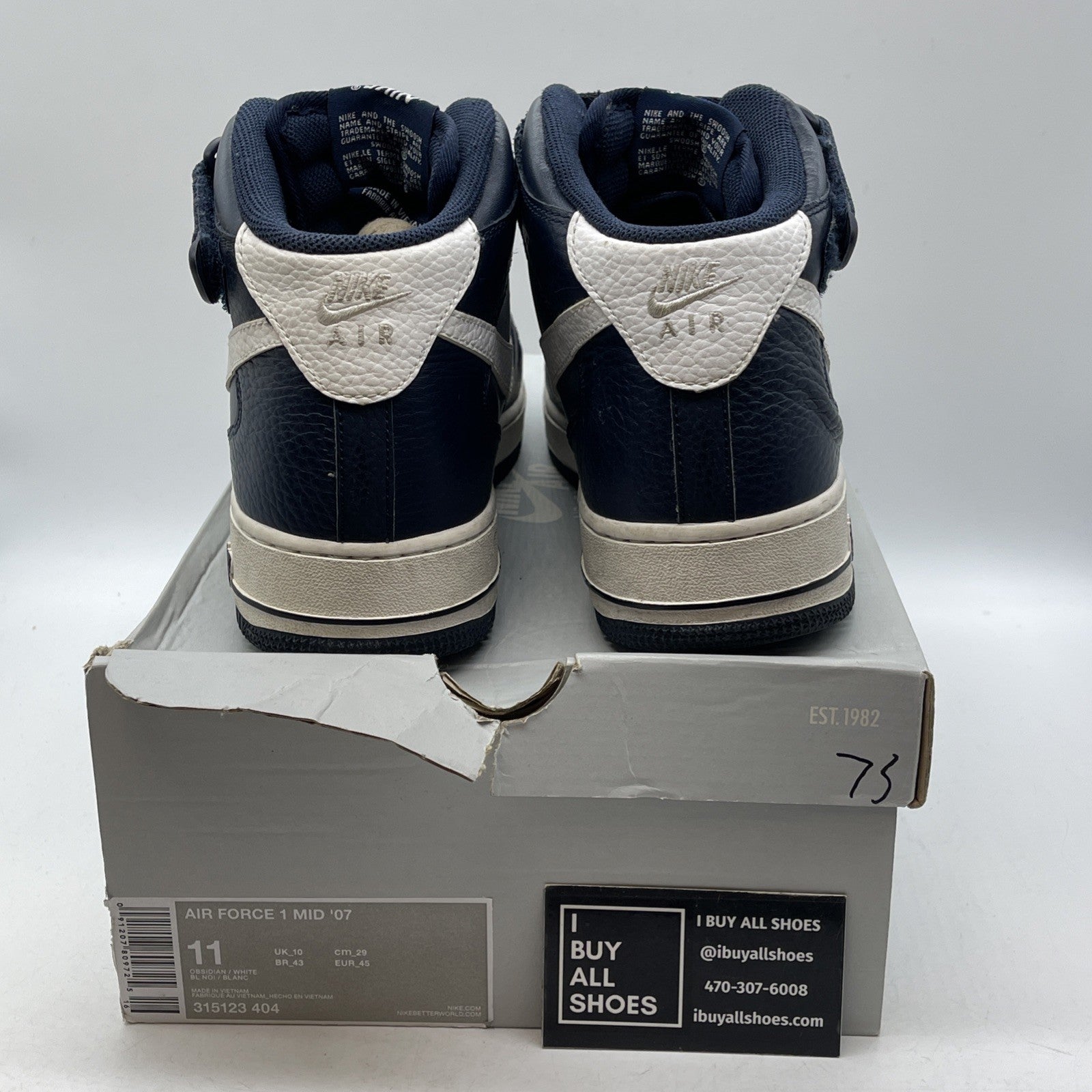 Size 11 - Nike Air Force 1 Mid Obsidian White Blue Leather (315123-404)