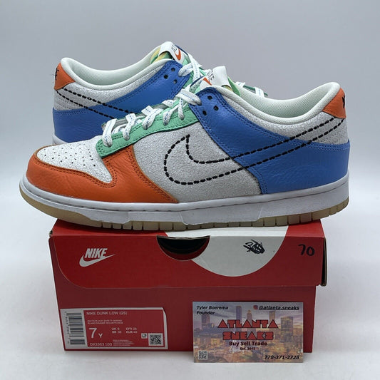 Size 7Y (GS) - Nike Dunk Low Nike 101 Orange White Blue Grey Suede (DX3363-100)