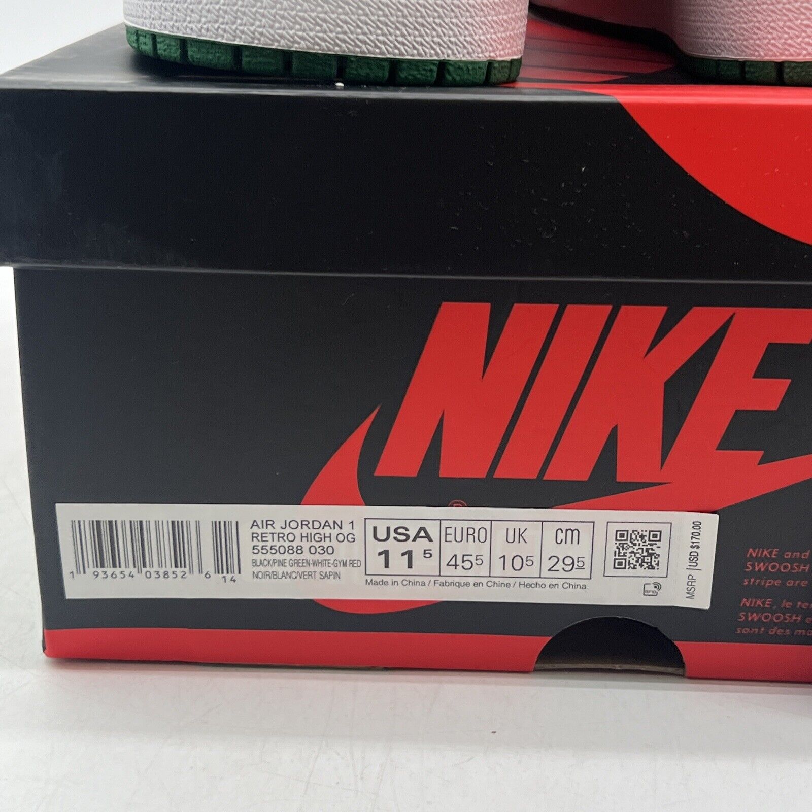 Size 11.5 - Jordan 1 Retro OG High Pine Green 2.0 Black Leather (555088-030)