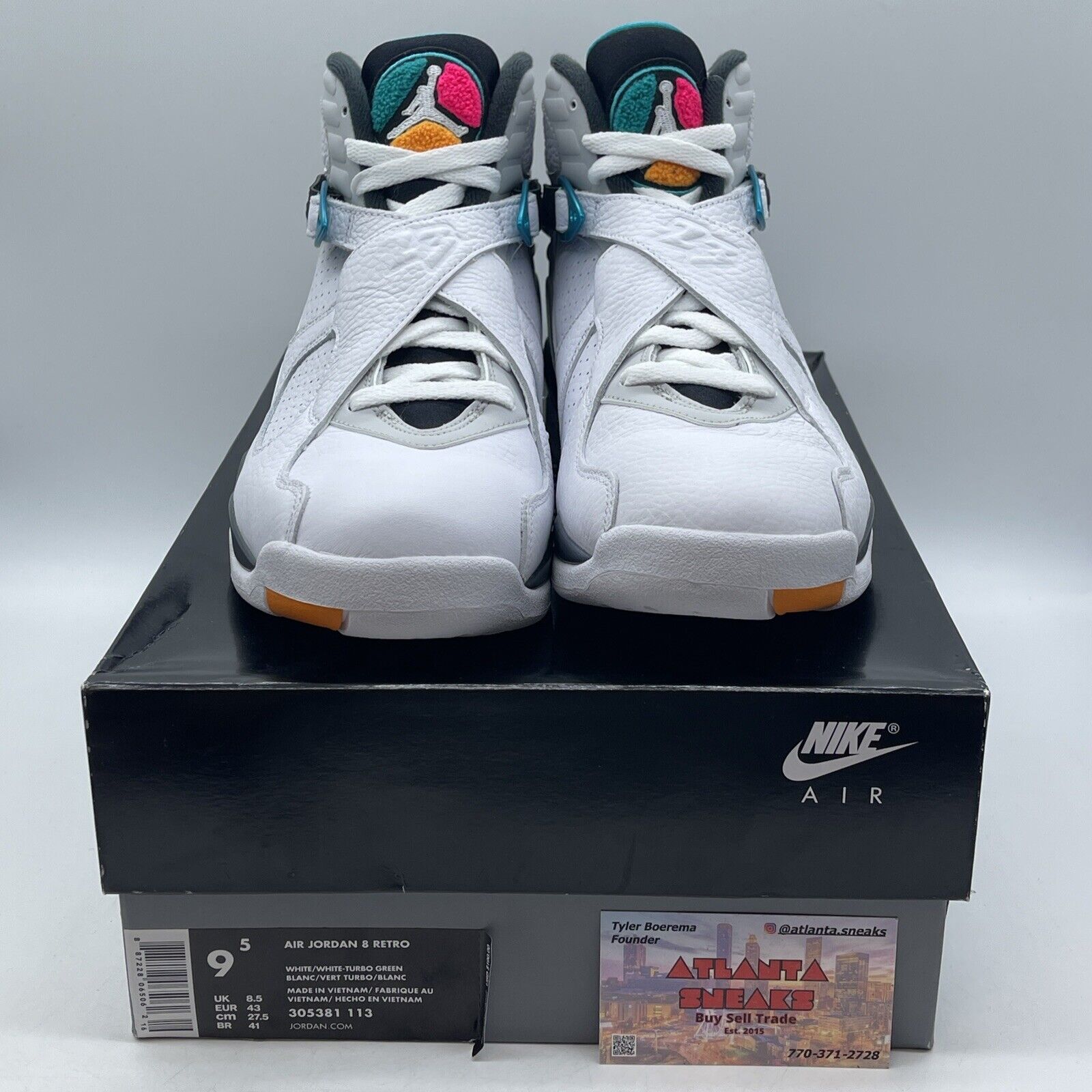 Size 9.5 - Air Jordan 8 Retro South Beach White Black Blue Leather (305381-113)