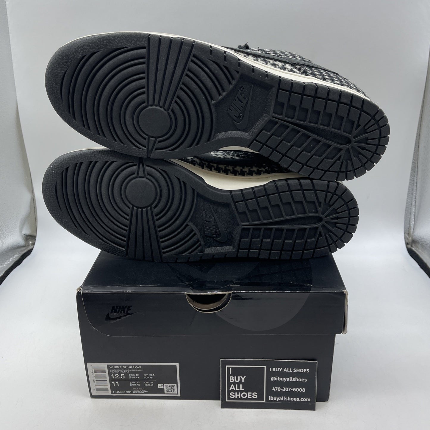 Size 12.5W - Harris Tweed x Nike Dunk Low Black Phantom  (HQ5036-901)