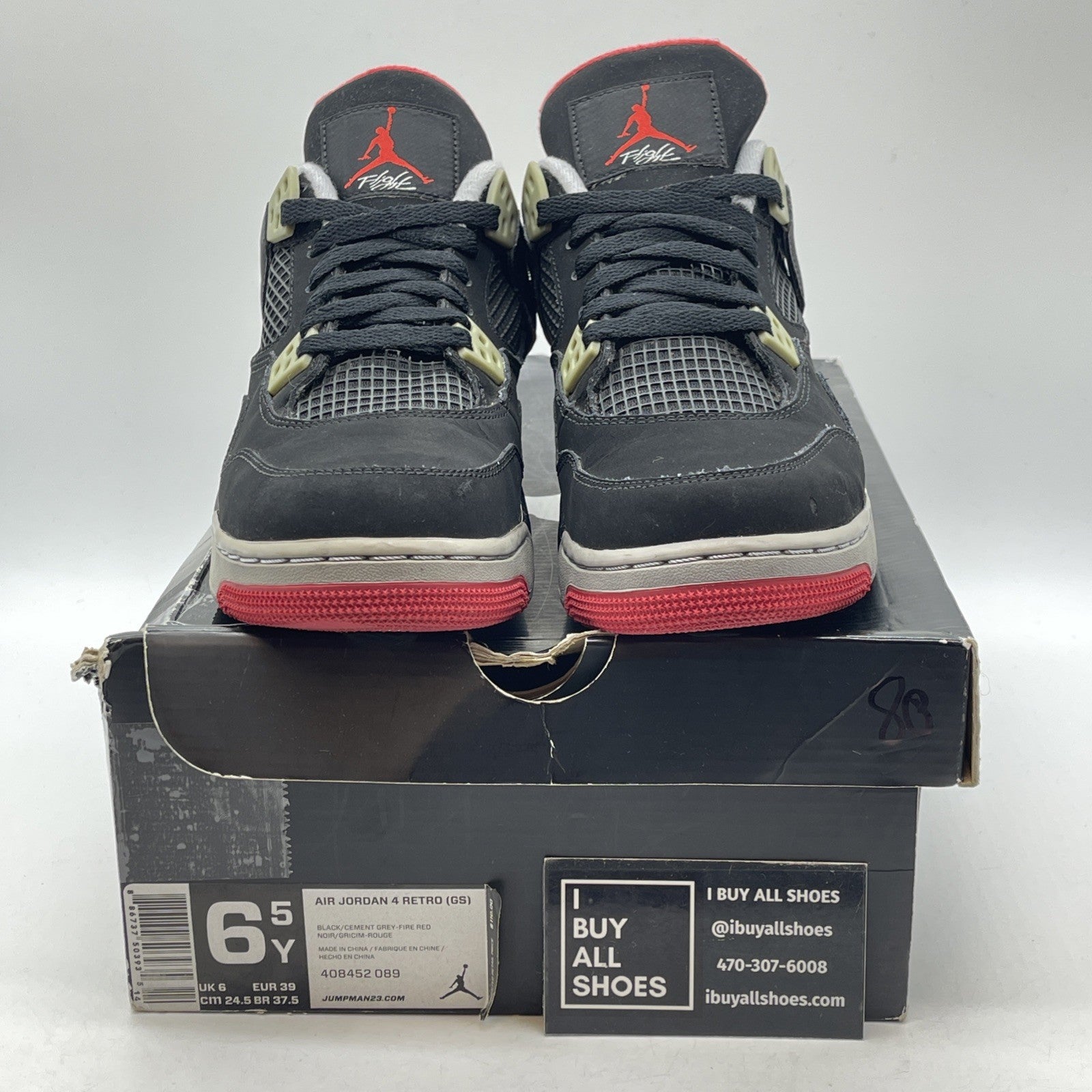 Size 6.5Y - Jordan 4 Retro bred release Black Grey Suede Leather (408452-089)