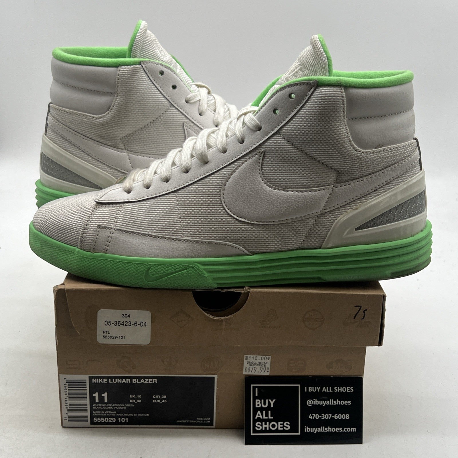 Size 11 - Nike Lunar Blazer White Poison Green (555029-101)