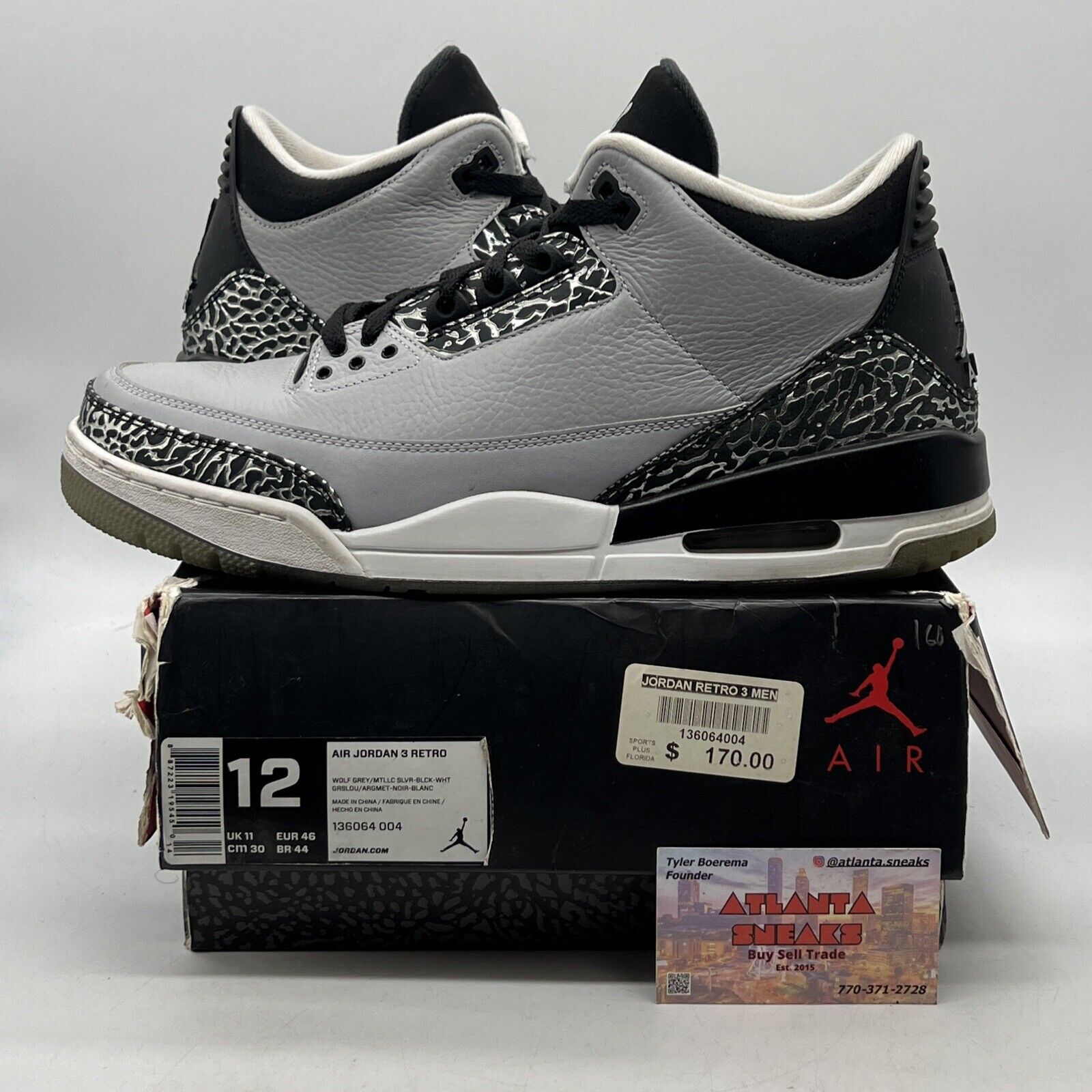 Size 12 - Air Jordan 3 Retro Wolf Grey Black Leather White (136064-004)