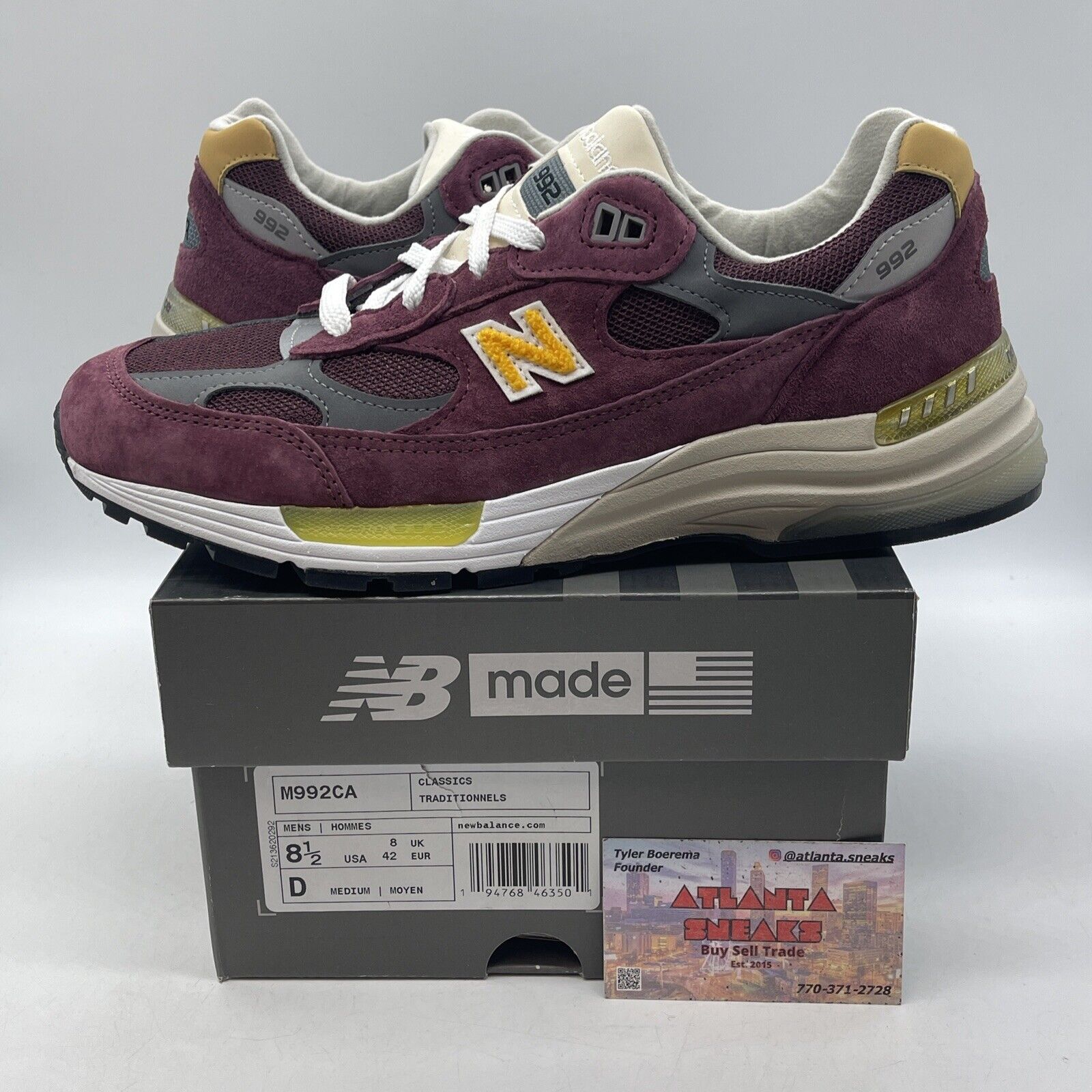 Size 8.5 New balance 992 burgundy gold Suede Yellow White  (M992CA)