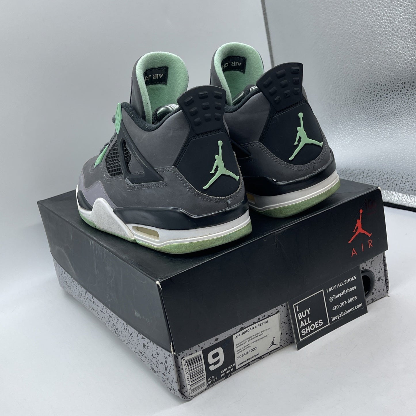 Size 9 - Jordan 4 Retro Green Glow Grey White Black Suede (308497-033)