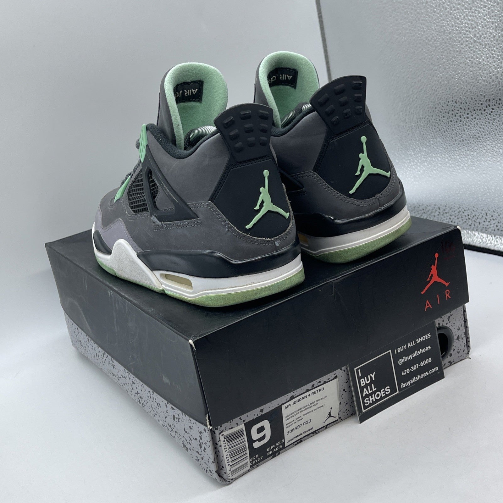 Size 9 - Jordan 4 Retro Green Glow Grey White Black Suede (308497-033)