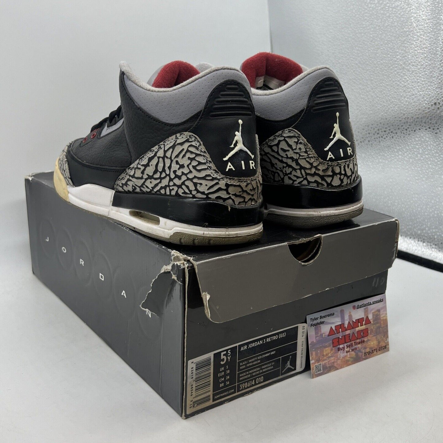 Air Jordan 3  Retro OG Black Cement 2010 Size 5.5Y Grey Red Leather (398614-010)