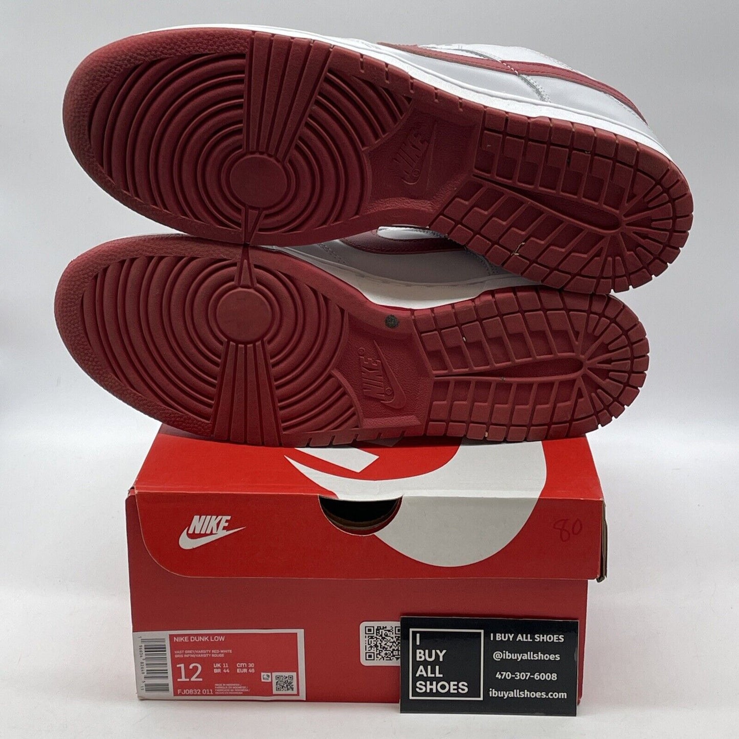 Size 12 - Dunk Low Vast Grey Varsity Red White Leather (FJ0832-011)