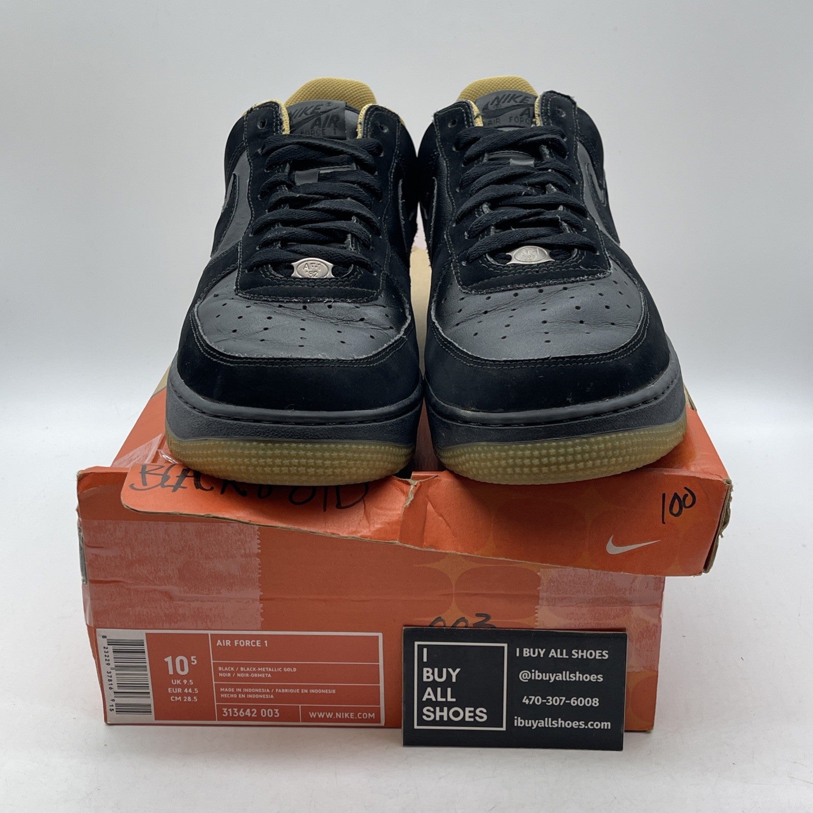Size 10.5 - Nike Air Force 1 Black Gold Suede Leather (313642-003)