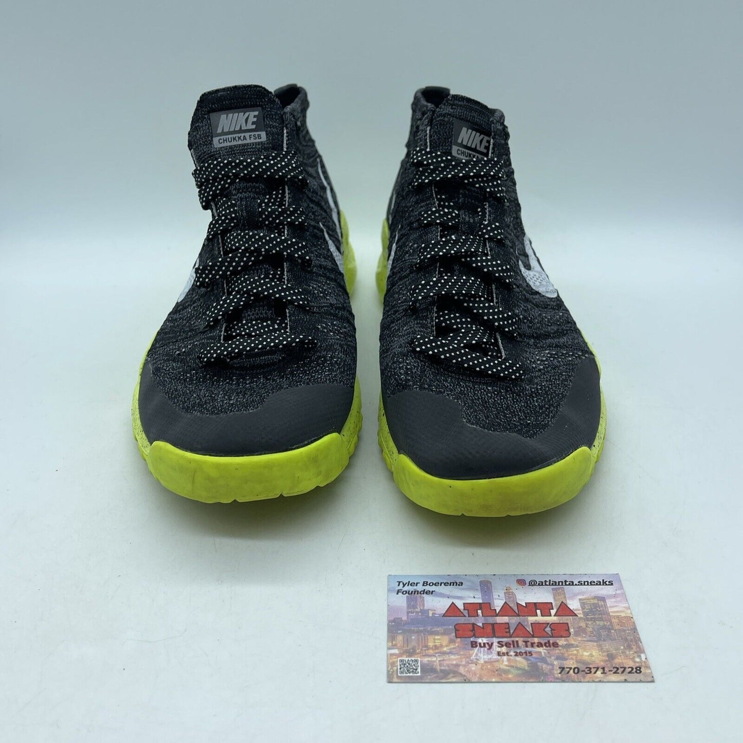 Size 9.5 - Nike Flyknit Trainer Chukka FSB Black Volt Neon Yellow (625009-017)