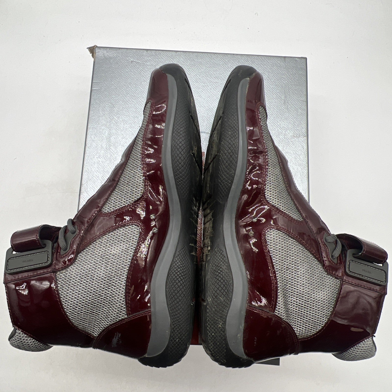 Size 9 - PRADA America's Cup Maroon Silver Mesh High Top Sneakers