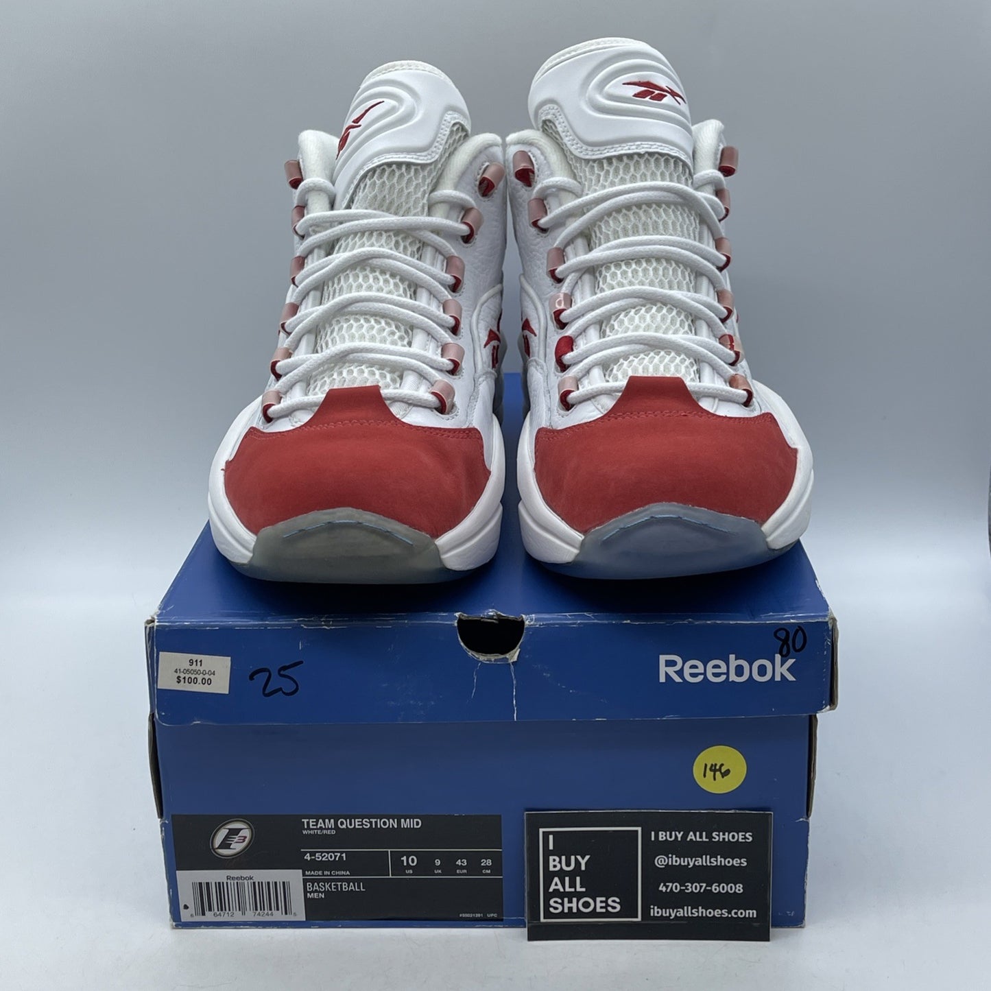 Size 10 - Reebok Question Mid White Red Leather Suede (4-52071)