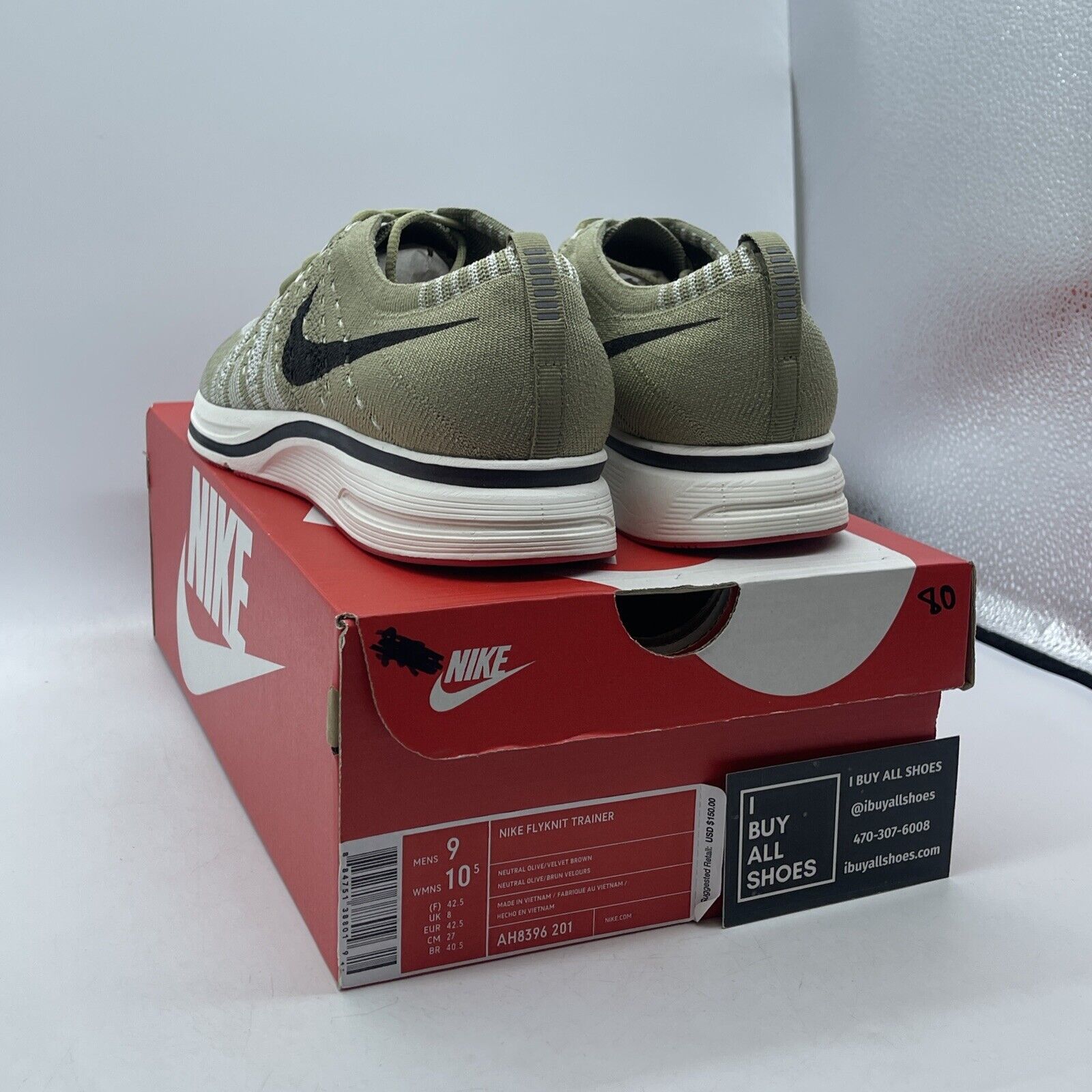 Size 9 - Nike Flyknit Trainer Neutral Olive Black White Suede (AH8396-201)