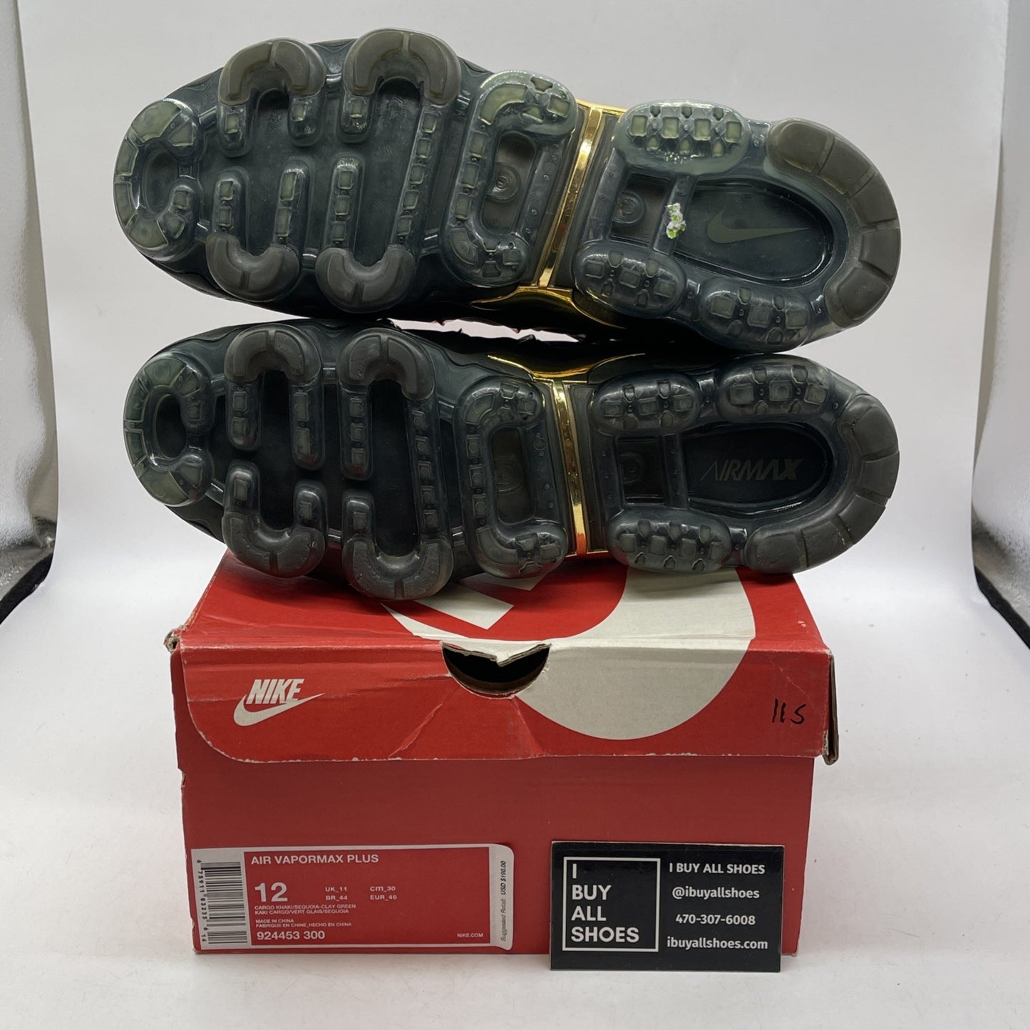 Size 12 - Nike Air VaporMax Plus Cargo Khaki Green Gold Suede (924453-300)