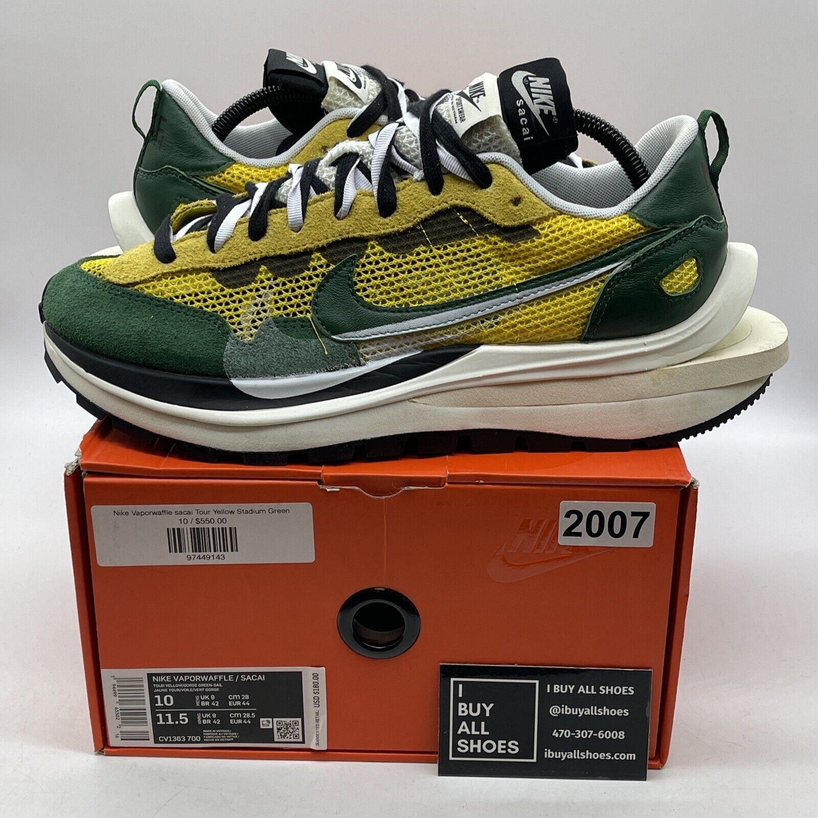 Size 10 - Nike sacai x VaporWaffle Tour Yellow Green Suede (CV1363-700)