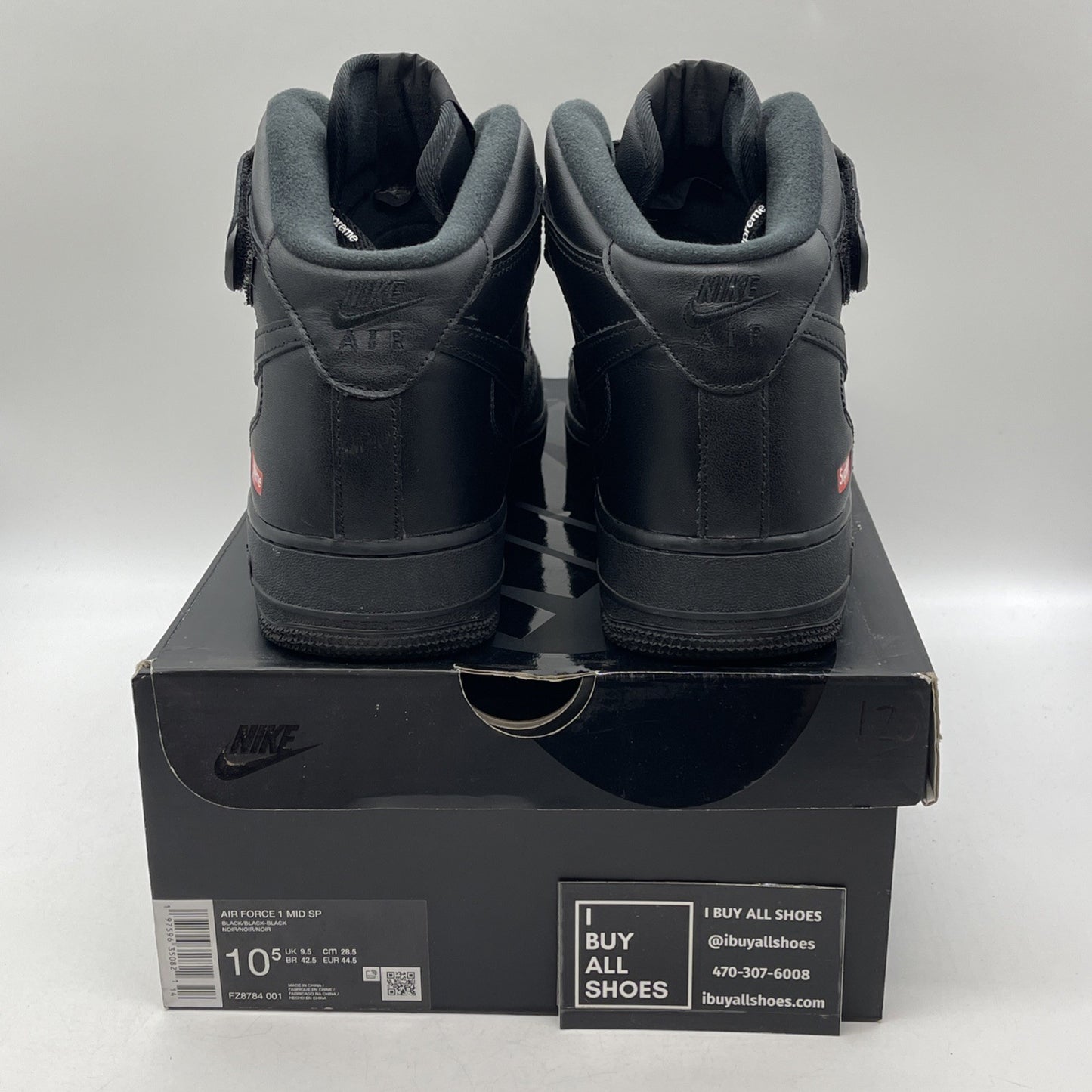Size 10.5 - Nike Supreme x Air Force 1 Mid Box Logo Triple Black (FZ8784-001)