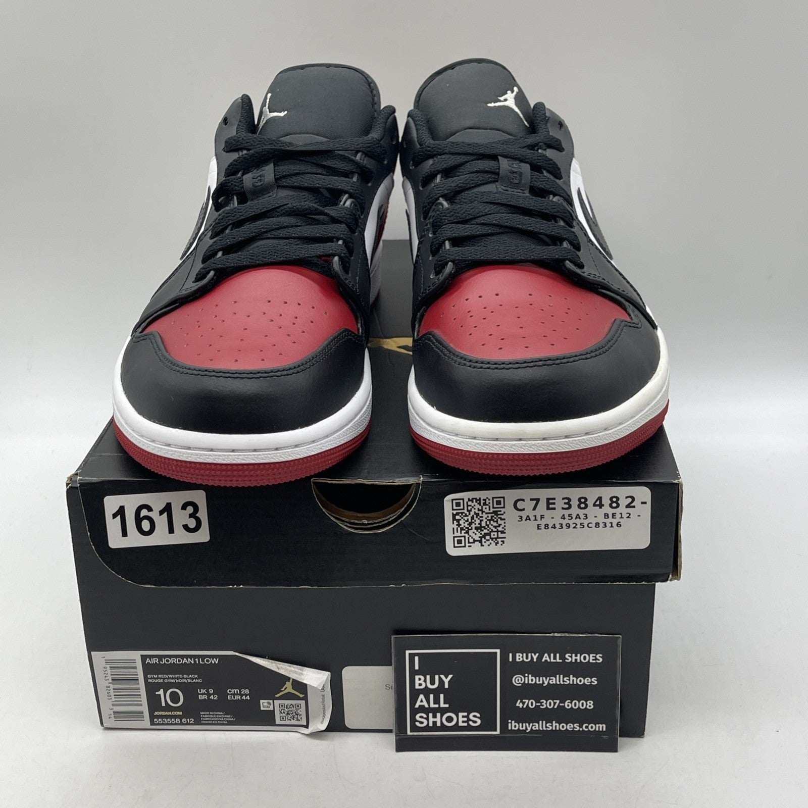 Size 10 - Air Jordan 1 Low Bred Toe Red White Black Leather (553558-612)