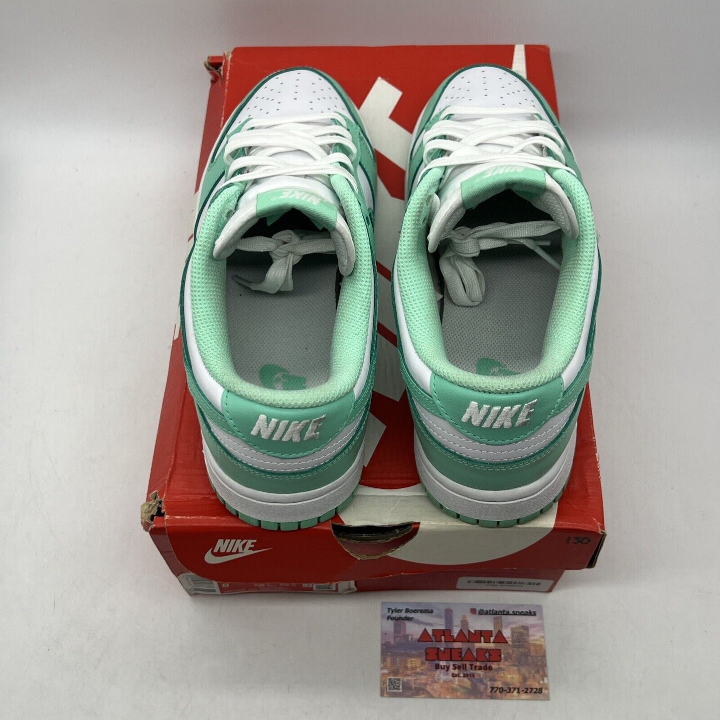 Size 9.5 - Nike Dunk Low Green Glow W White Leather Aqua