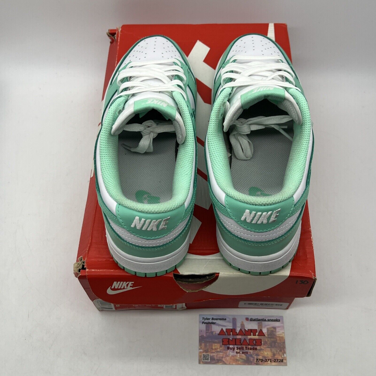 Size 9.5 - Nike Dunk Low Green Glow W White Leather Aqua