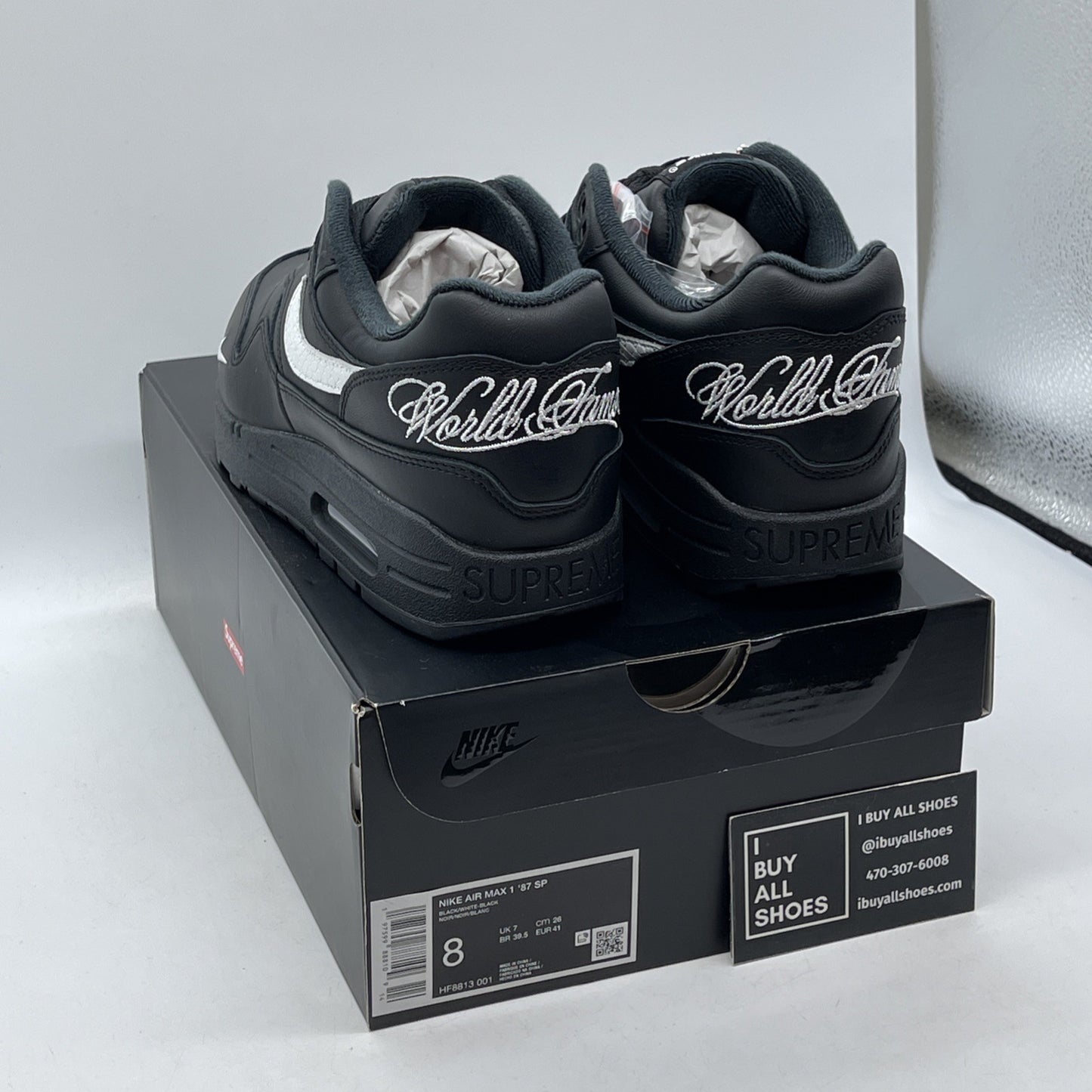 Size 8 - Nike Supreme x Air Max 1 '87 SP Black White Leather (HF8813-001)