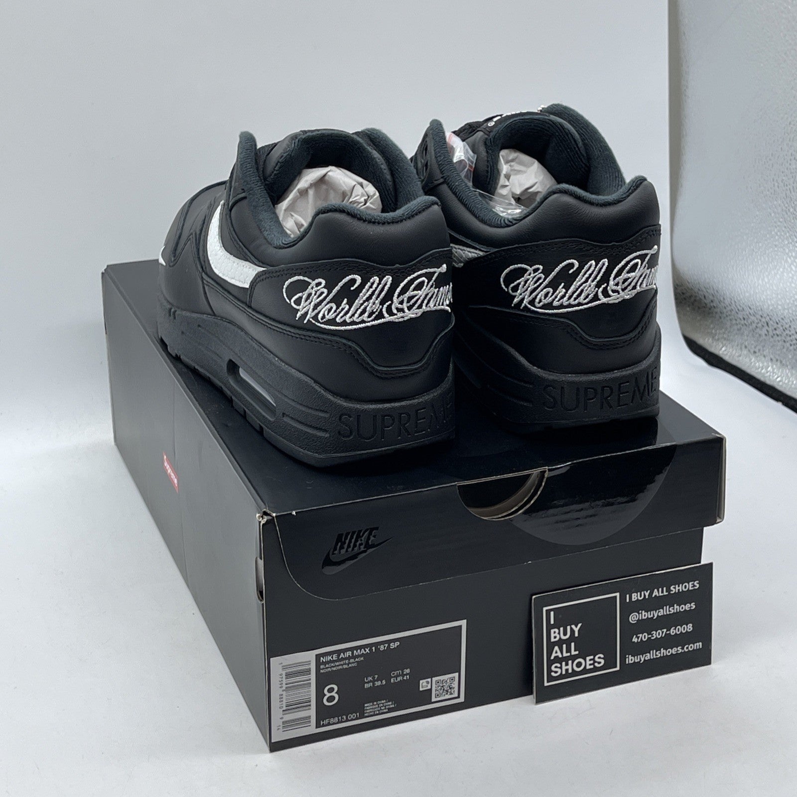 Size 8 - Nike Supreme x Air Max 1 '87 SP Black White Leather (HF8813-001)