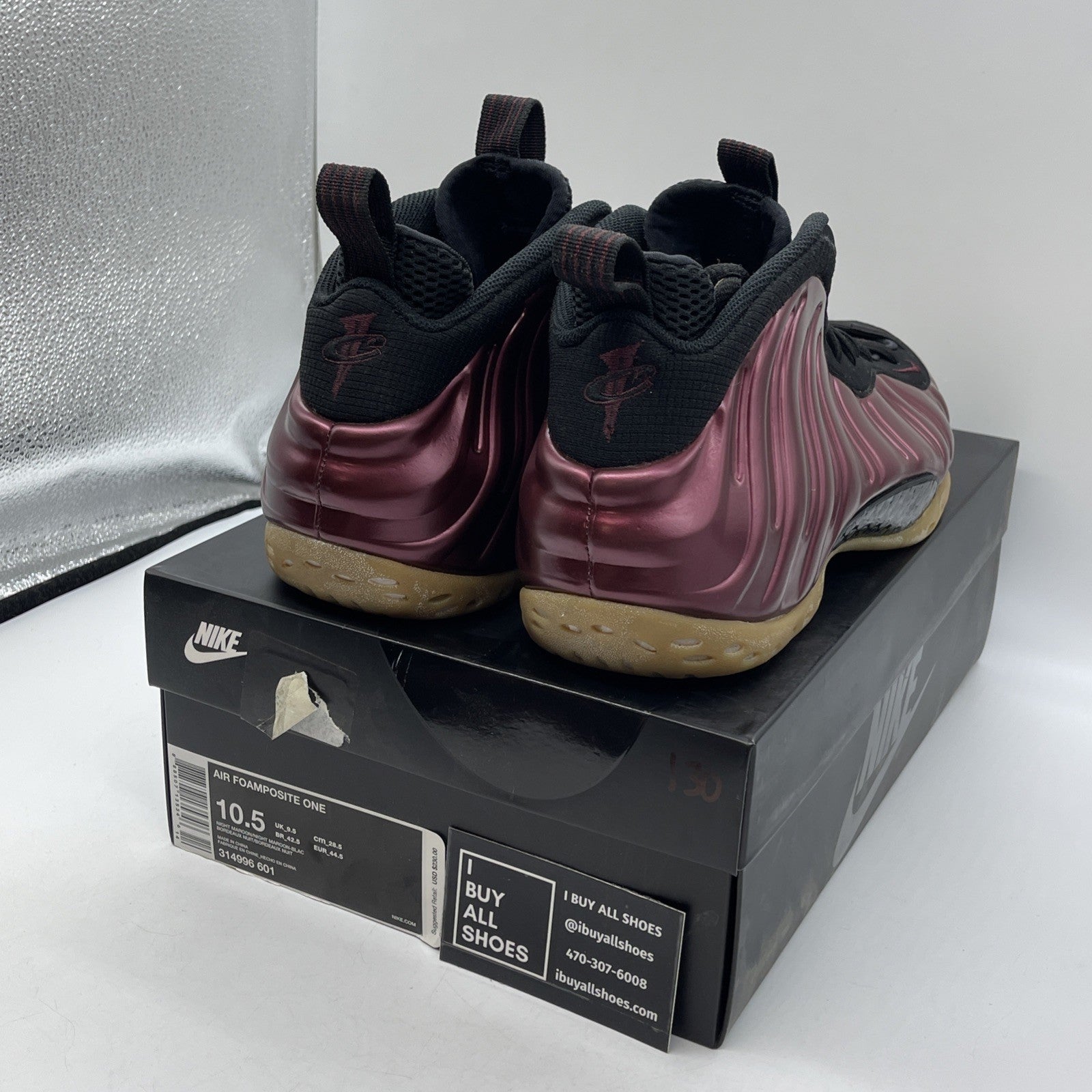 Size 10.5 - Nike Air Foamposite One Night Maroon Black Suede (314996-601)