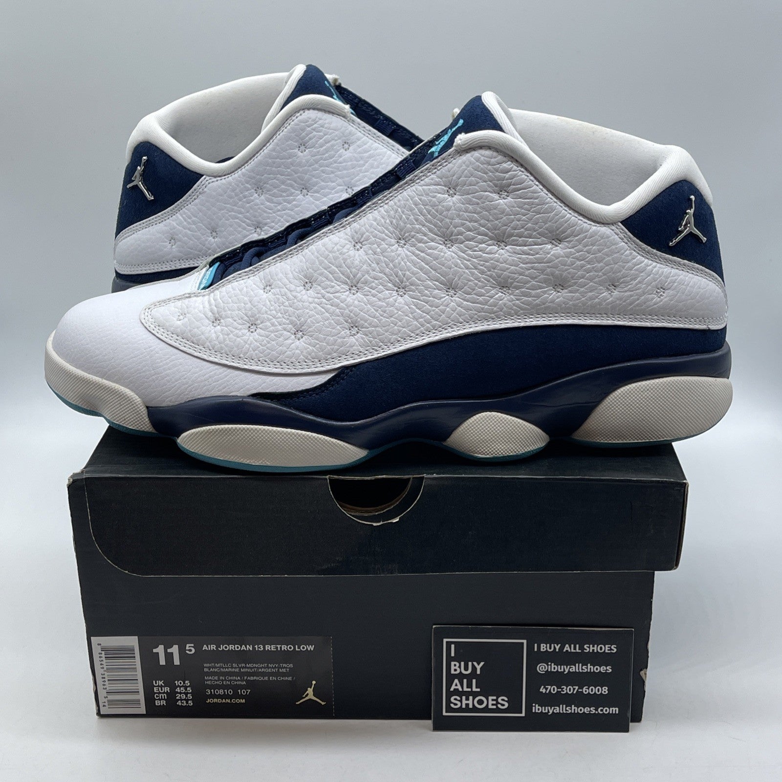 Size 11.5 - Air Jordan 13 Low Hornets White Blue Suede Leather (310810-107)