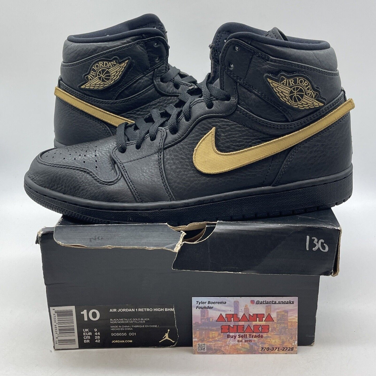 Size 10 - Air Jordan 1 Retro 2017 High BHM  Lack Gold Leather (908656-001)