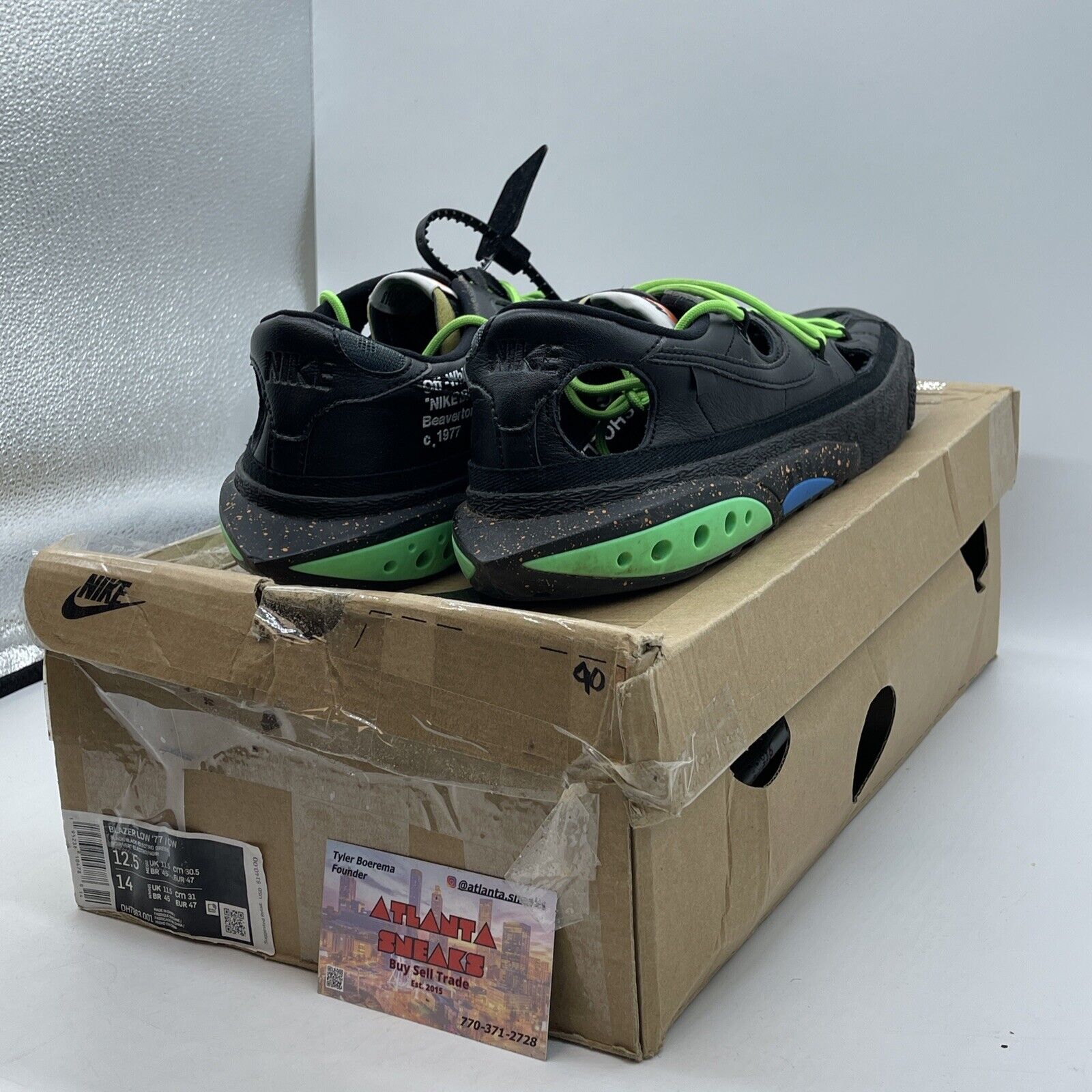 Size 12.5 - Nike Off-White x Blazer Low Black Green White Suede (DH7863-001)