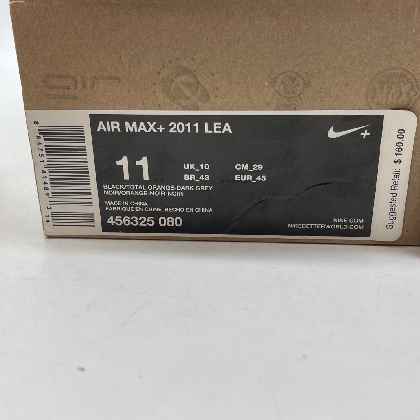 Size 11 - Nike Air Max+ 2011 Lea Black Orange Leather (456325-080)