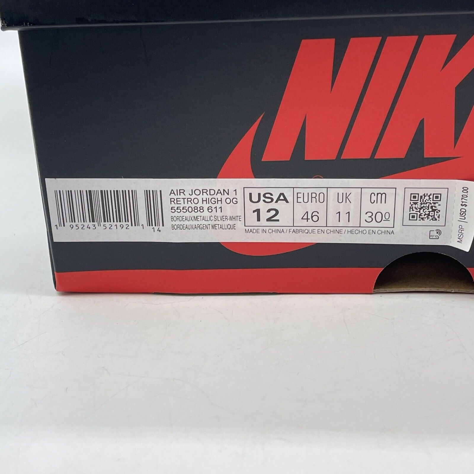 Size 12 - Jordan 1 Retro High OG Bordeaux Burgundy White Leather (555088-611)